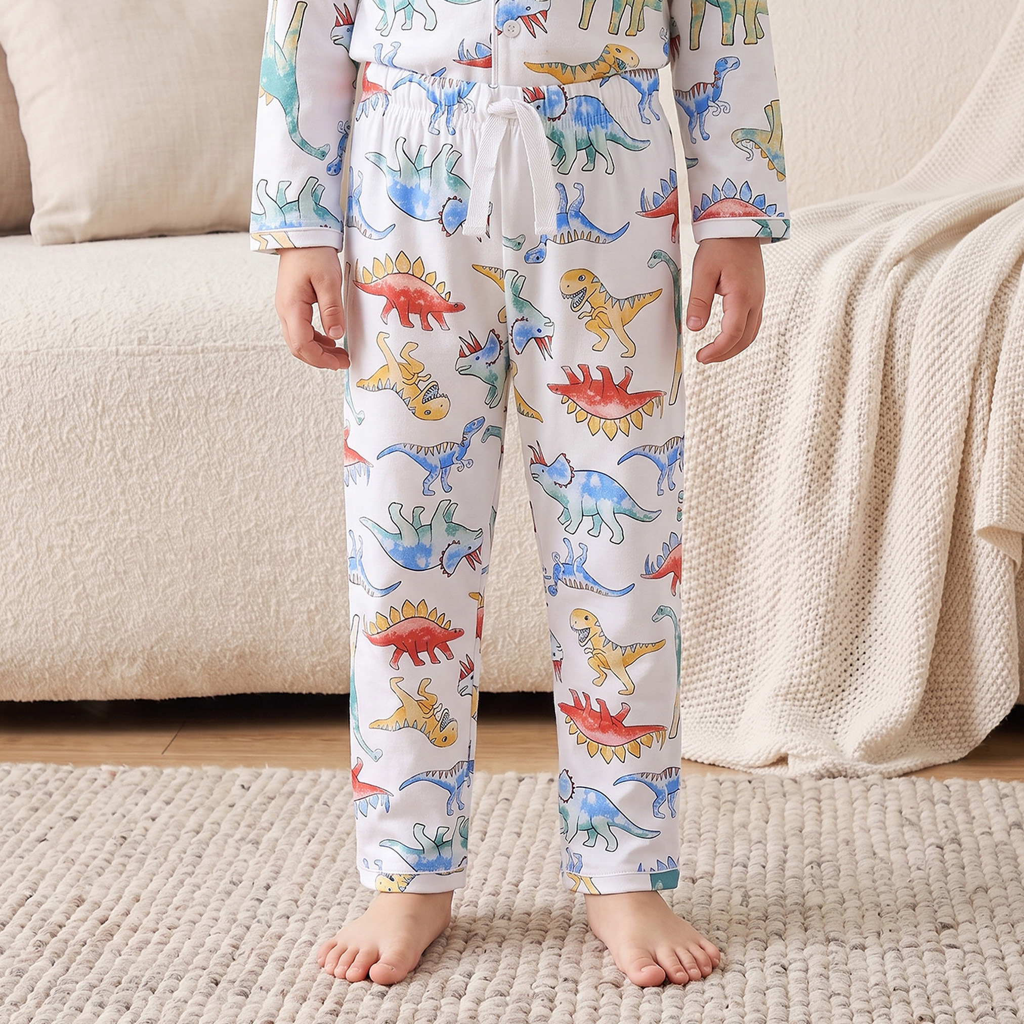 Juniors Cotton Collared Long Sleeves Pyjama Set with Dinosaur Print-boys-clothing-nightwear-image-3