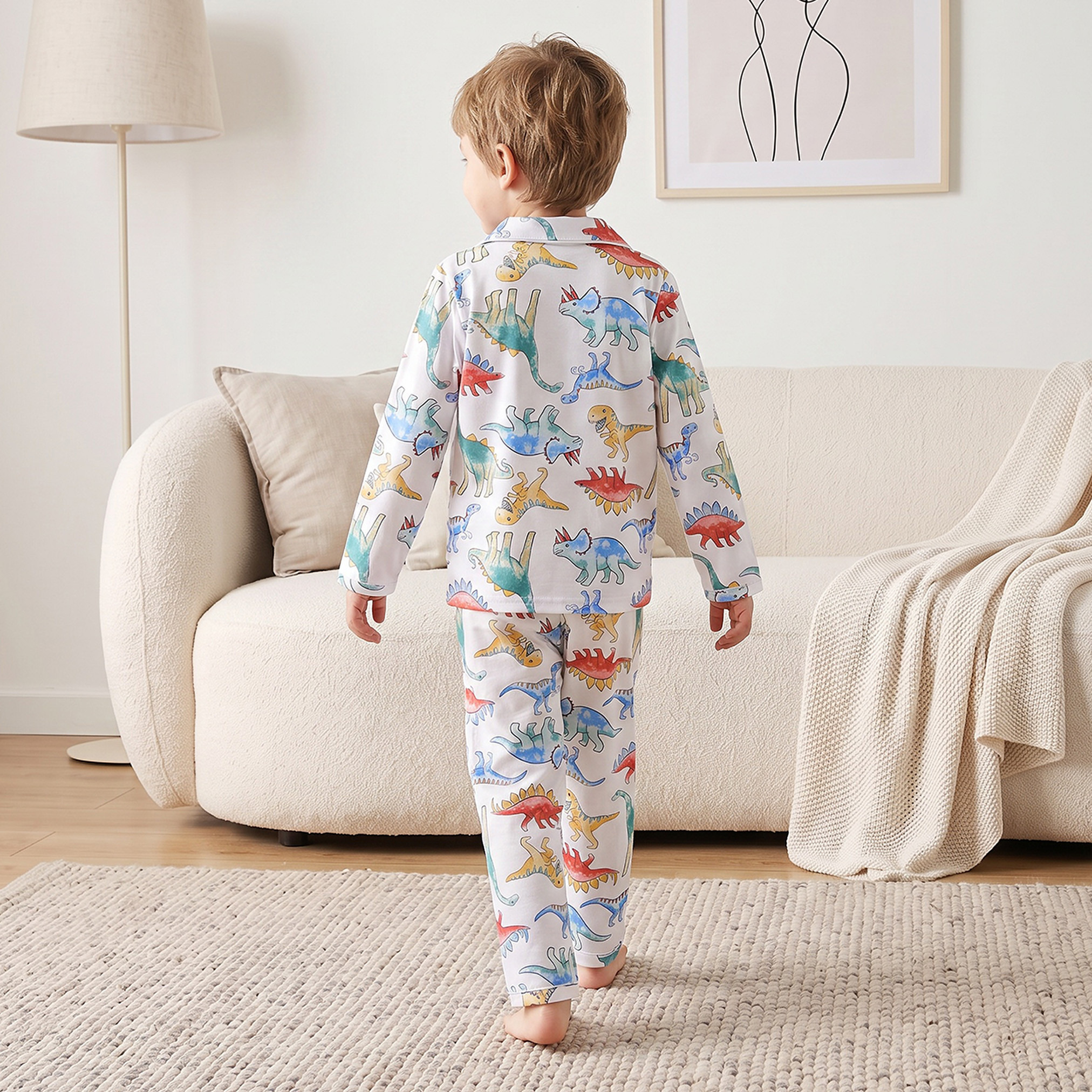 Juniors Cotton Collared Long Sleeves Pyjama Set with Dinosaur Print-boys-clothing-nightwear-image-4
