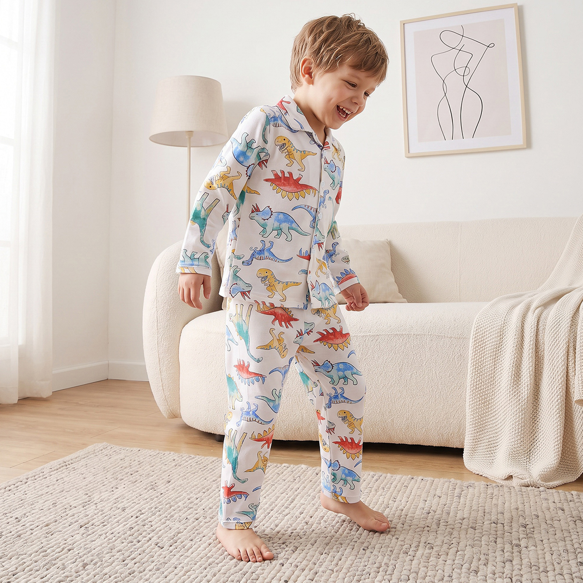 Juniors Cotton Collared Long Sleeves Pyjama Set with Dinosaur Print-boys-clothing-nightwear-image-7