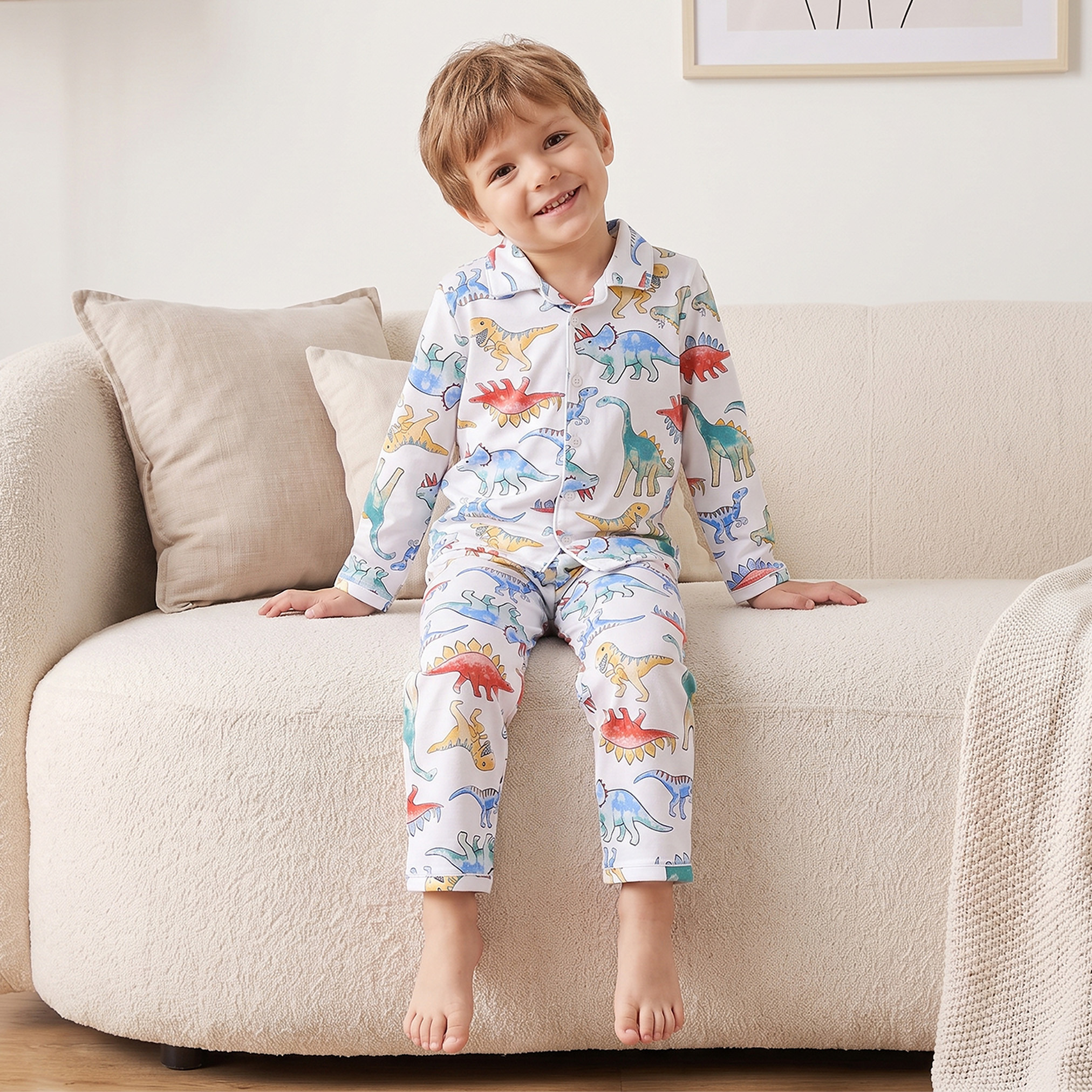Juniors Cotton Collared Long Sleeves Pyjama Set with Dinosaur Print-boys-clothing-nightwear-image-8