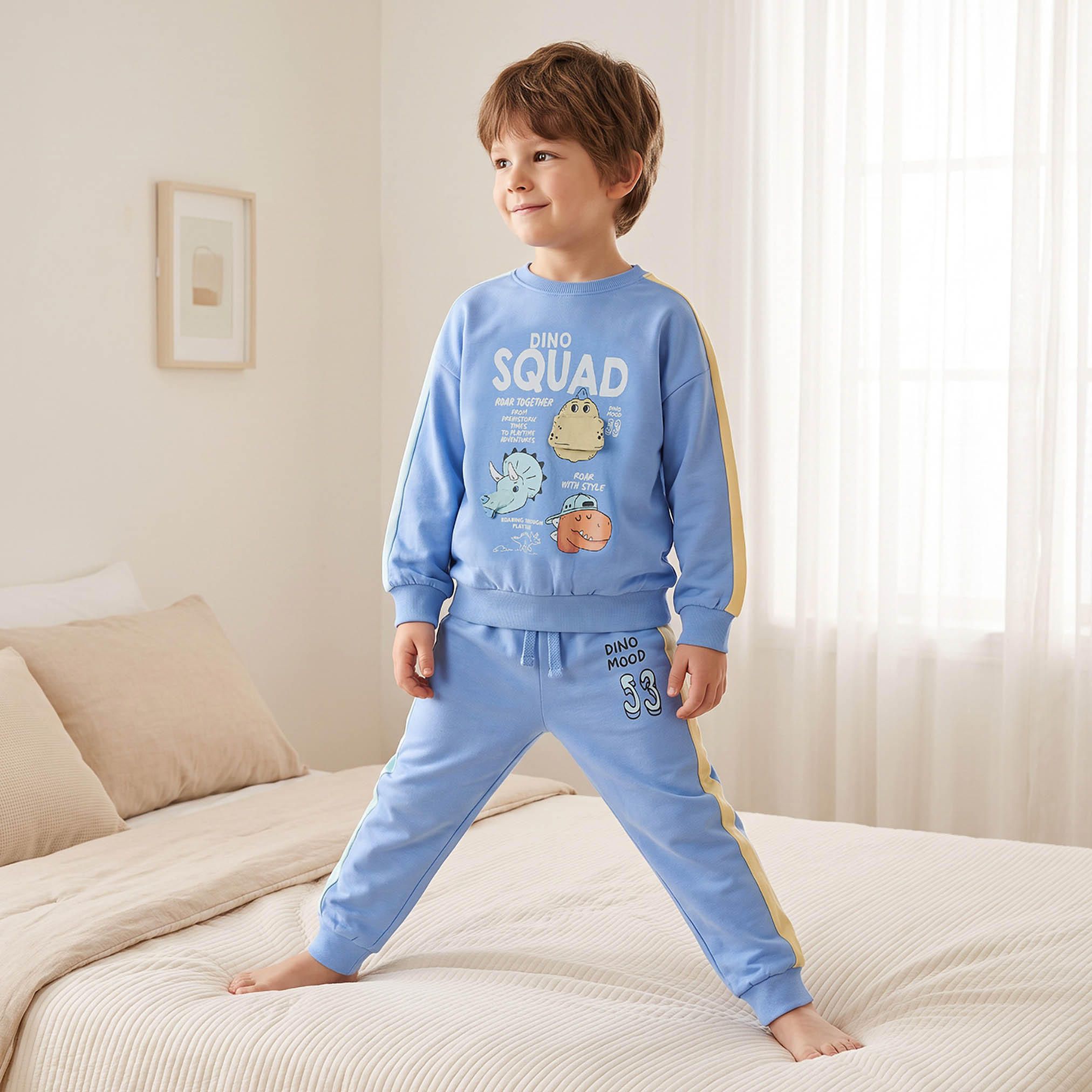 Juniors Cotton Crew Neck Long Sleeves Pyjama Set with Dinosaur Print-boys-clothing-nightwear-image-1