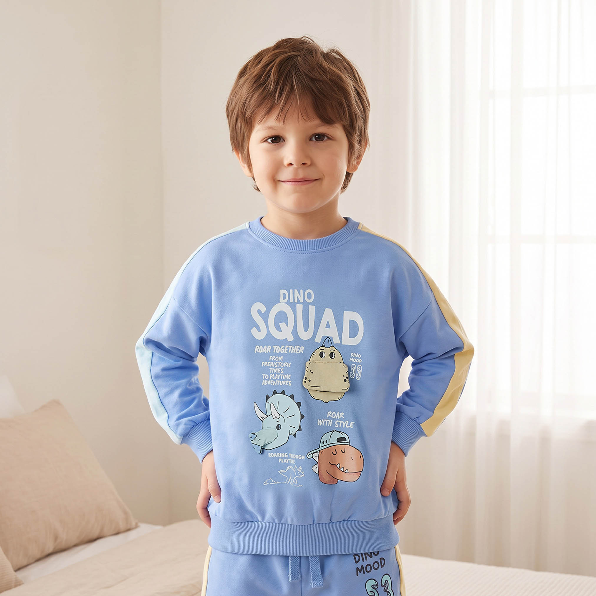Juniors Cotton Crew Neck Long Sleeves Pyjama Set with Dinosaur Print-boys-clothing-nightwear-image-2