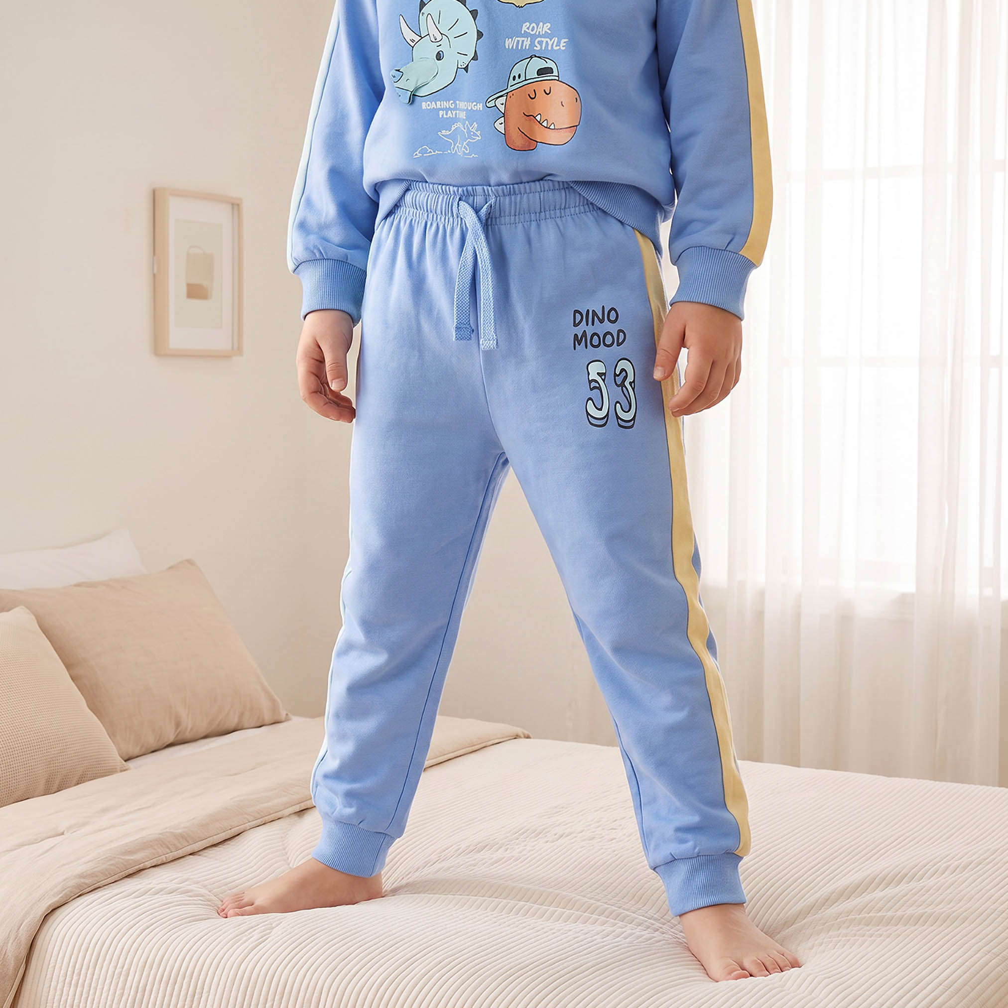Juniors Cotton Crew Neck Long Sleeves Pyjama Set with Dinosaur Print-boys-clothing-nightwear-image-3