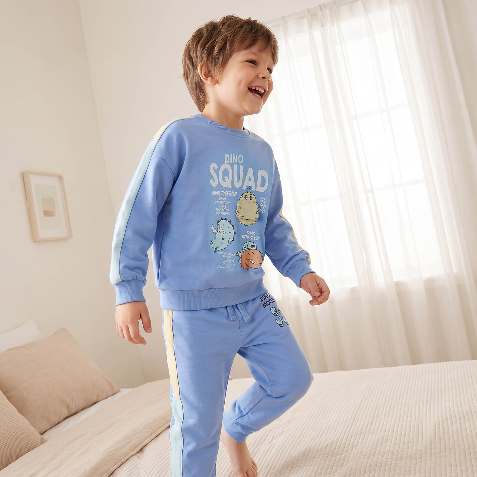 Juniors Cotton Crew Neck Long Sleeves Pyjama Set with Dinosaur Print-boys-clothing-nightwear-image-7