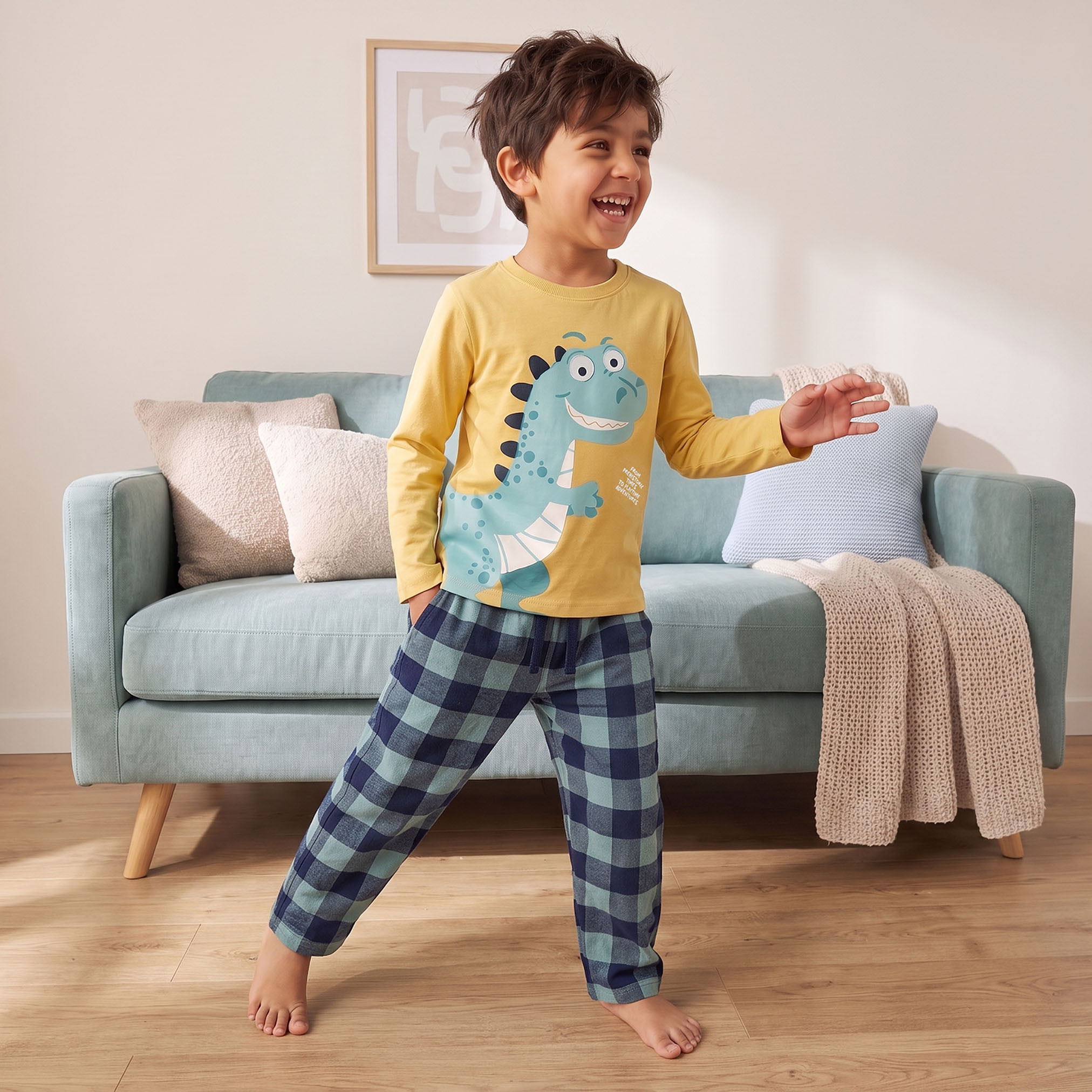 Juniors Cotton Crew Neck Long Sleeves Pyjama Set with Dinosaur Print-boys-clothing-nightwear-image-1