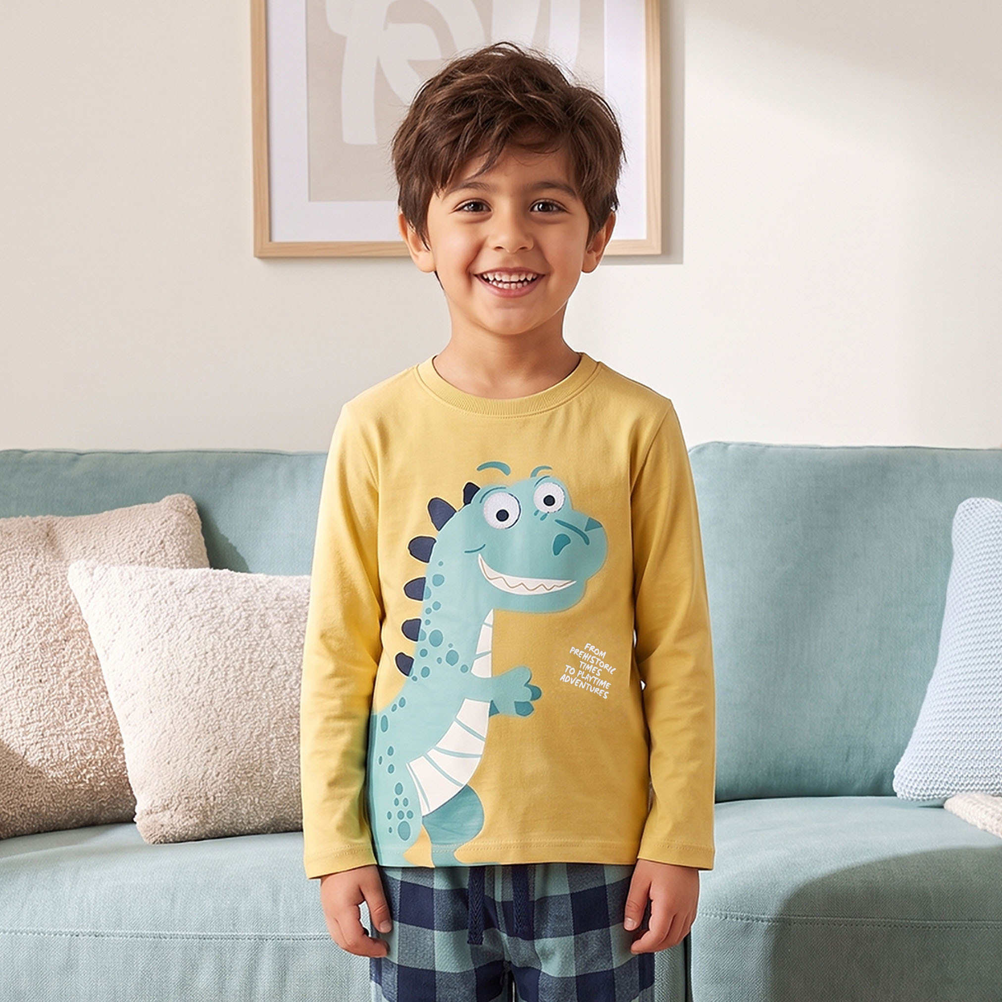 Juniors Cotton Crew Neck Long Sleeves Pyjama Set with Dinosaur Print-boys-clothing-nightwear-image-2