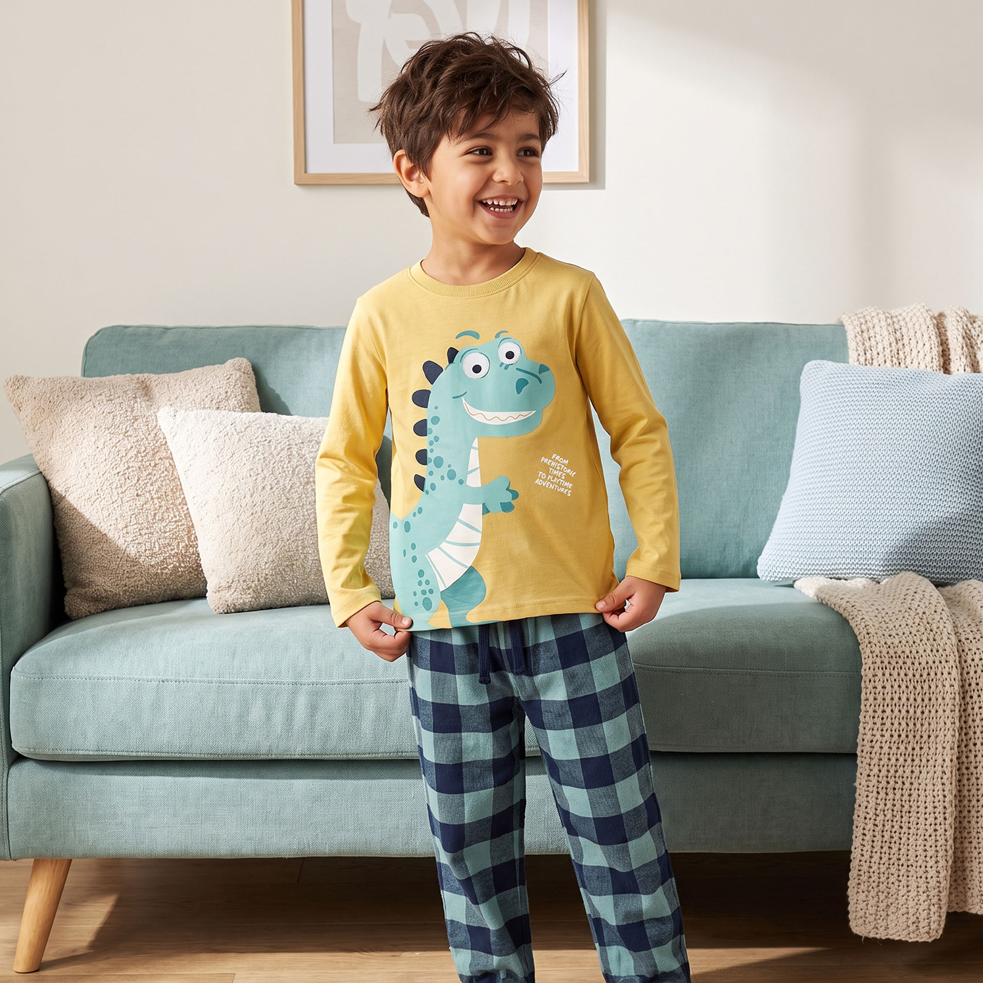 Juniors Cotton Crew Neck Long Sleeves Pyjama Set with Dinosaur Print-boys-clothing-nightwear-image-7