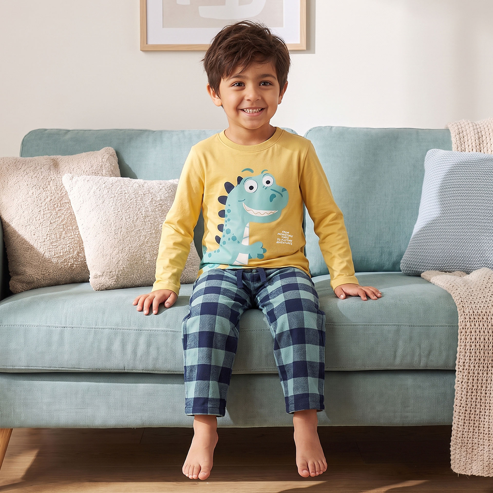 Juniors Cotton Crew Neck Long Sleeves Pyjama Set with Dinosaur Print-boys-clothing-nightwear-image-8