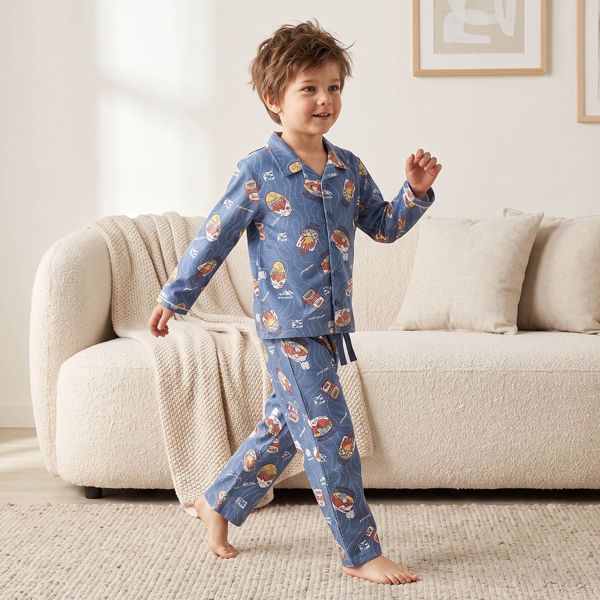 Juniors Cotton Collared Long Sleeves Pyjama Set with Champagne Print-boys-clothing-nightwear-image-1