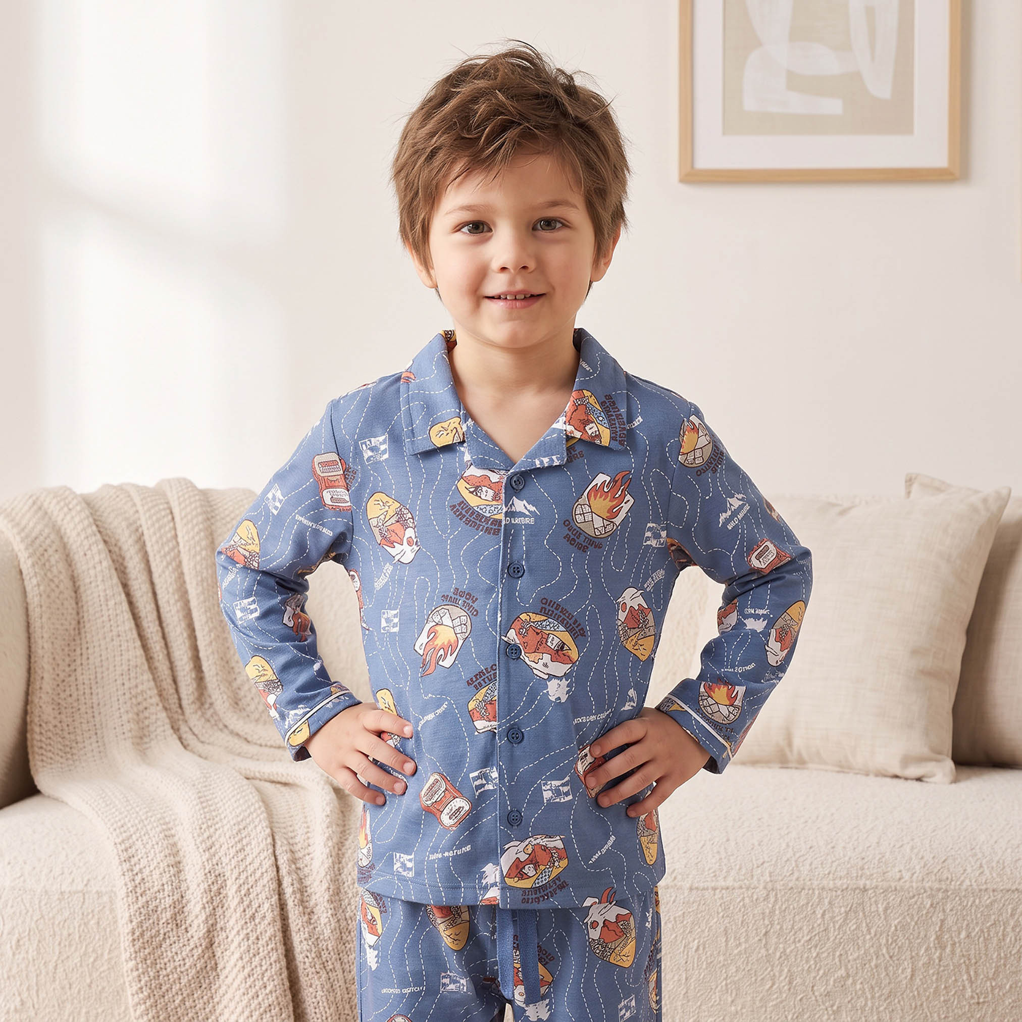 Juniors Cotton Collared Long Sleeves Pyjama Set with Champagne Print-boys-clothing-nightwear-image-3