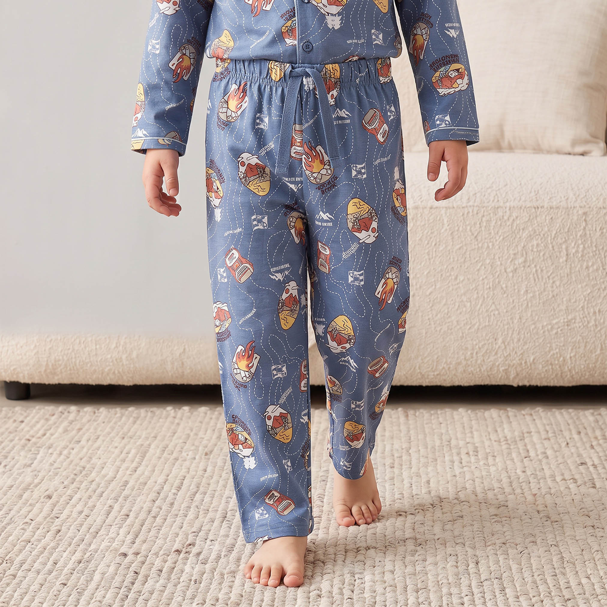 Juniors Cotton Collared Long Sleeves Pyjama Set with Champagne Print-boys-clothing-nightwear-image-4