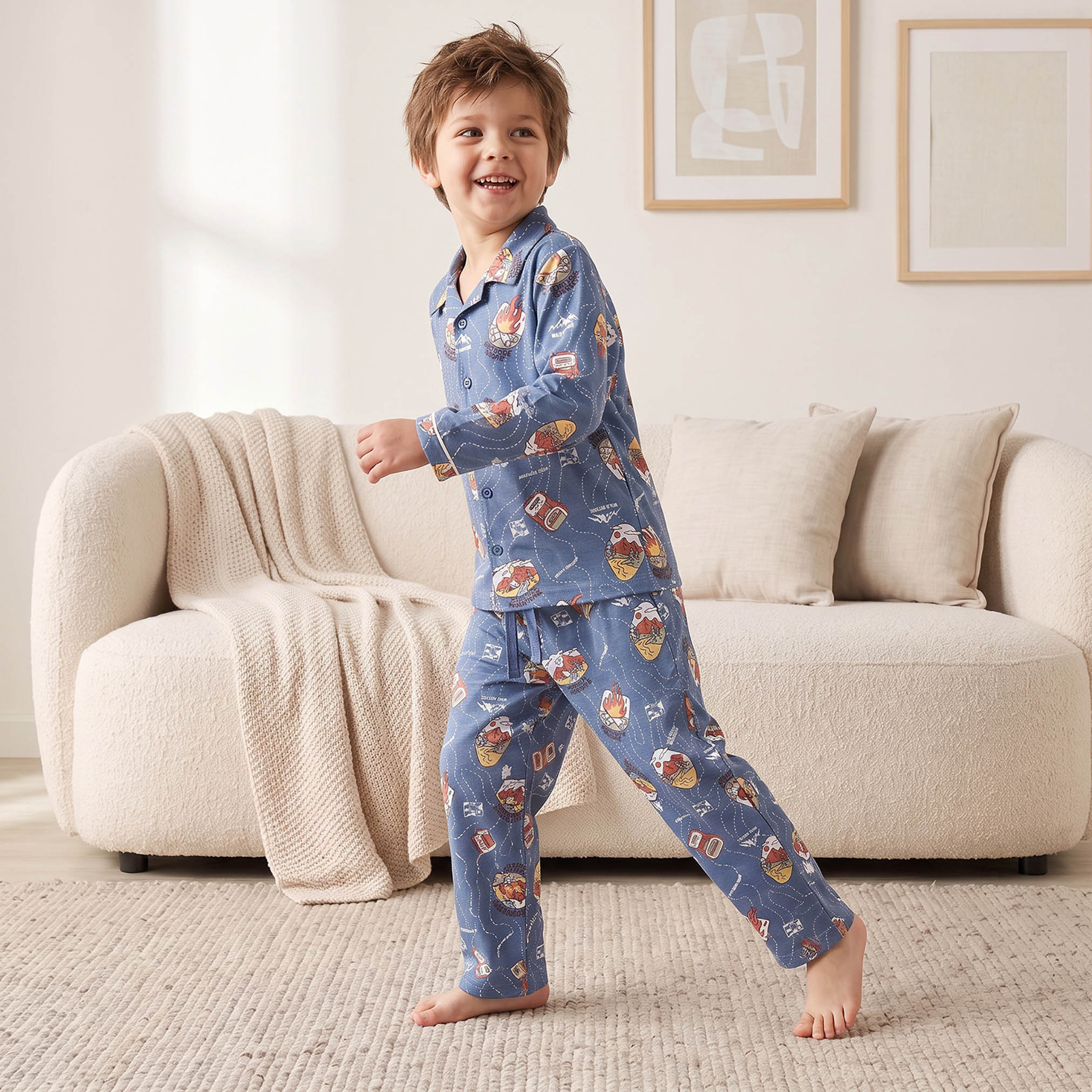 Juniors Cotton Collared Long Sleeves Pyjama Set with Champagne Print-boys-clothing-nightwear-image-5
