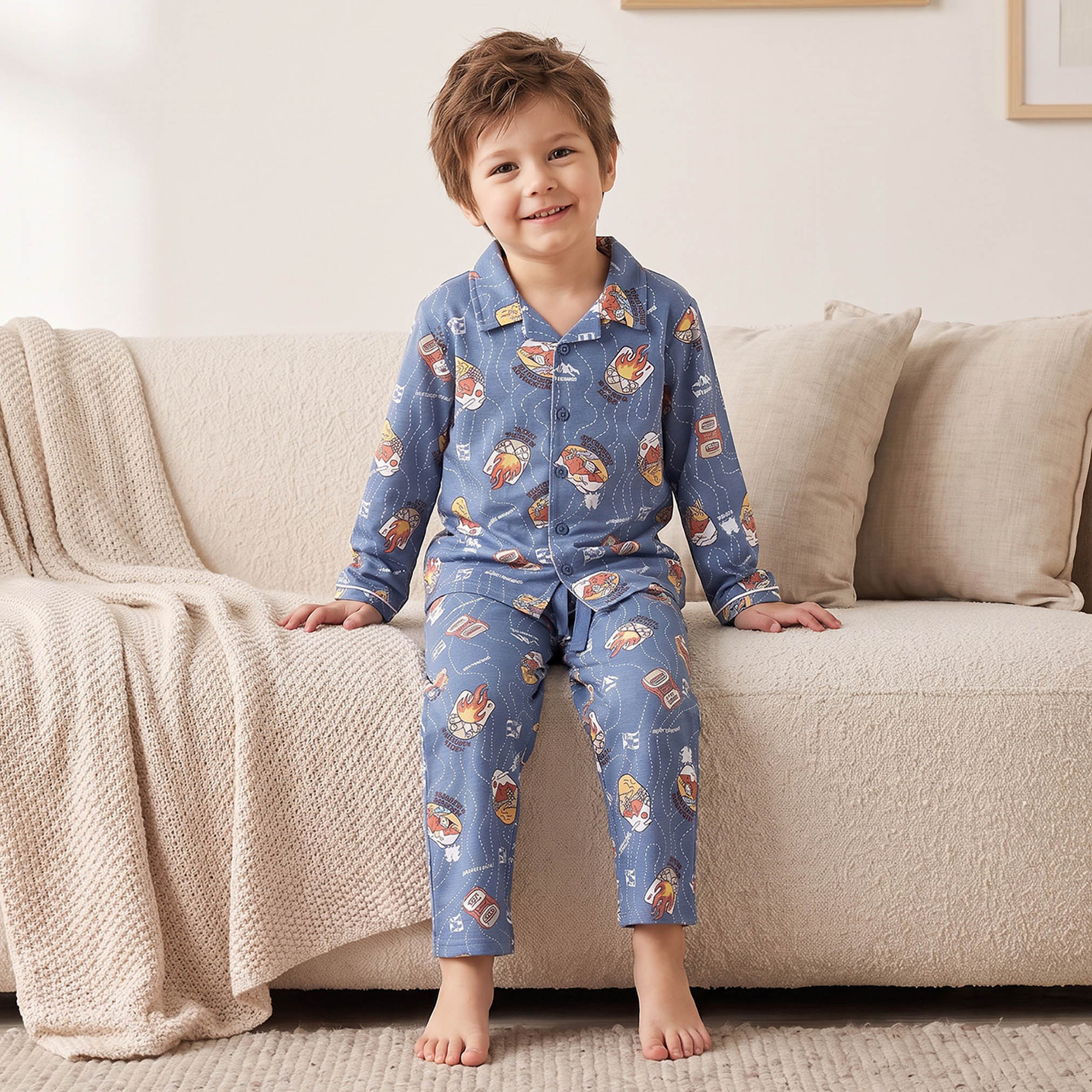 Juniors Cotton Collared Long Sleeves Pyjama Set with Champagne Print-boys-clothing-nightwear-image-6