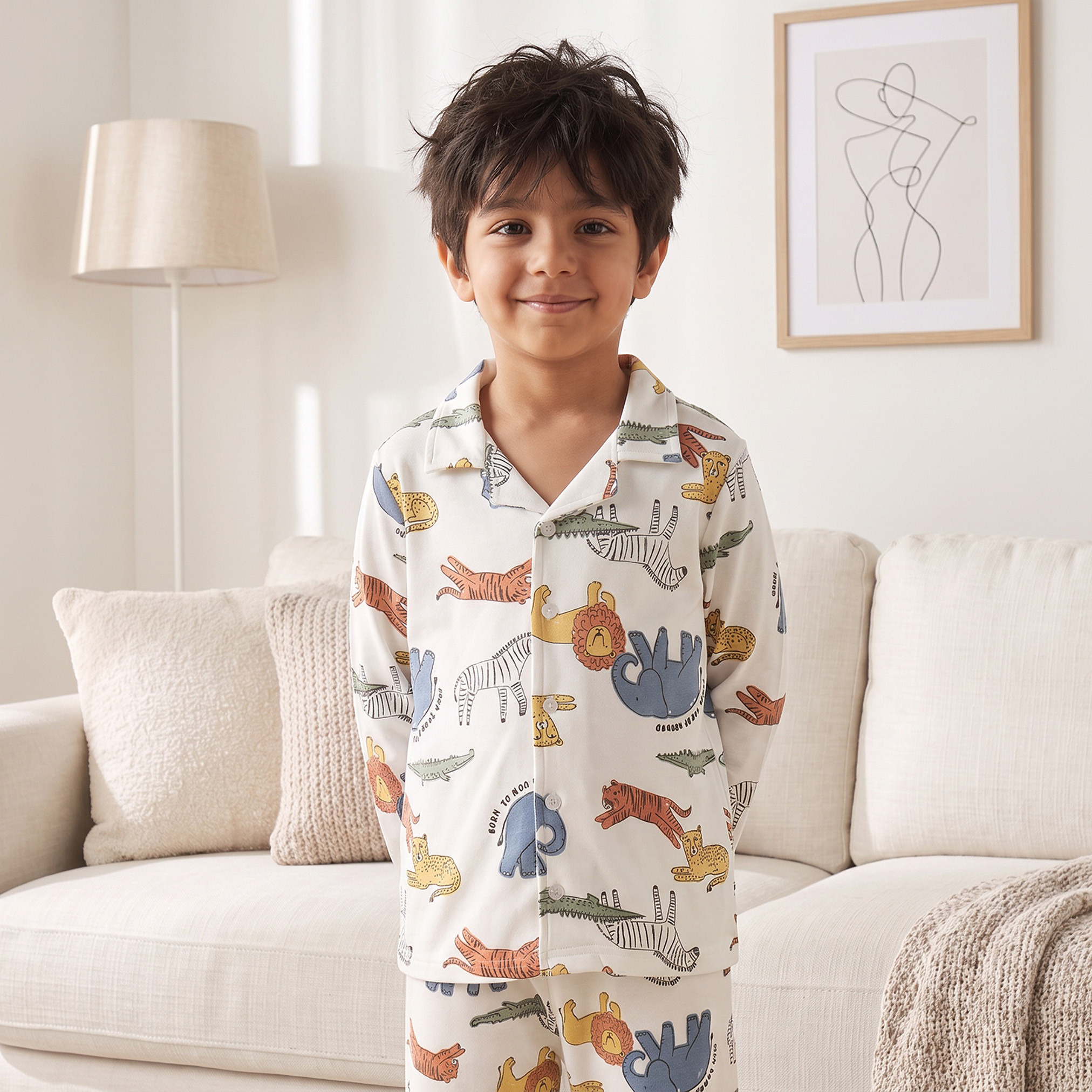 طقم بيجاما قطن بياقة وأكمام طويلة وطبعات سفاري من جونيورز-boys-clothing-nightwear-image-3