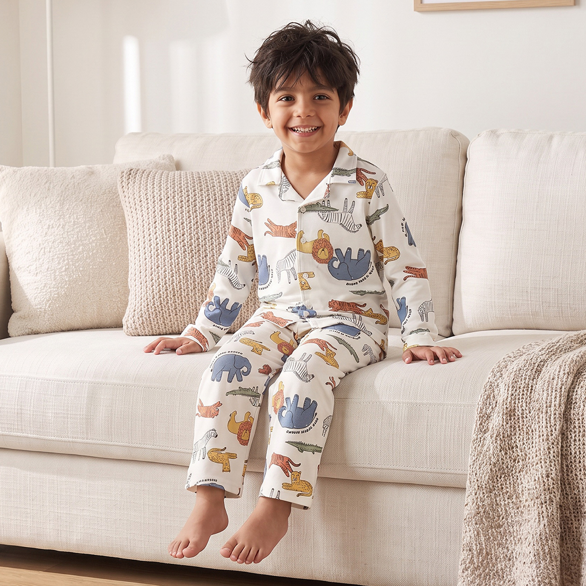 طقم بيجاما قطن بياقة وأكمام طويلة وطبعات سفاري من جونيورز-boys-clothing-nightwear-image-6