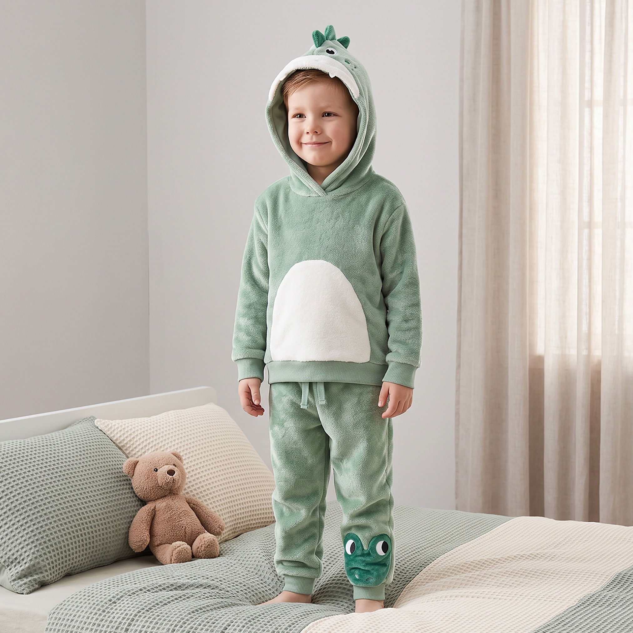 Juniors Hooded Neck Long Sleeves Pyjama Set with Dinosaur Embroidery-boys-clothing-nightwear-image-1