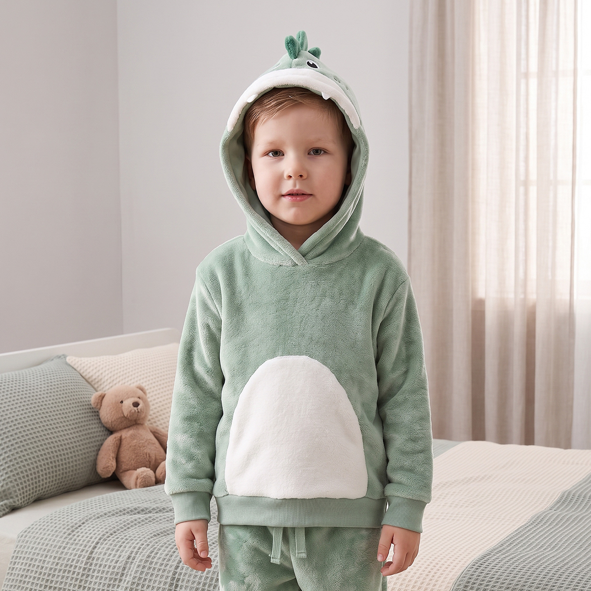 Juniors Hooded Neck Long Sleeves Pyjama Set with Dinosaur Embroidery-boys-clothing-nightwear-image-2