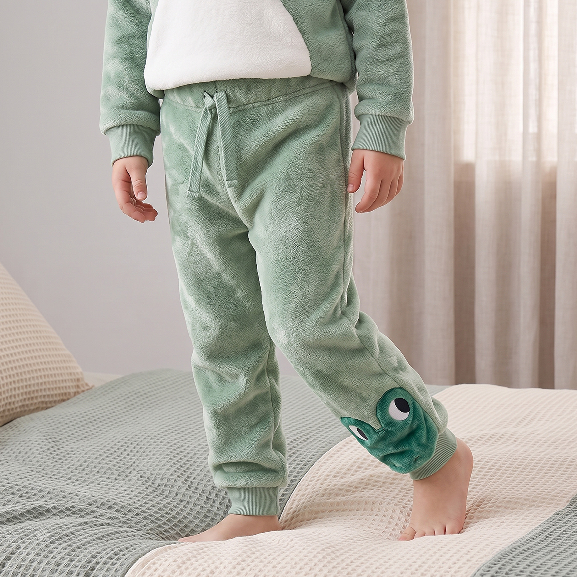 Juniors Hooded Neck Long Sleeves Pyjama Set with Dinosaur Embroidery-boys-clothing-nightwear-image-3