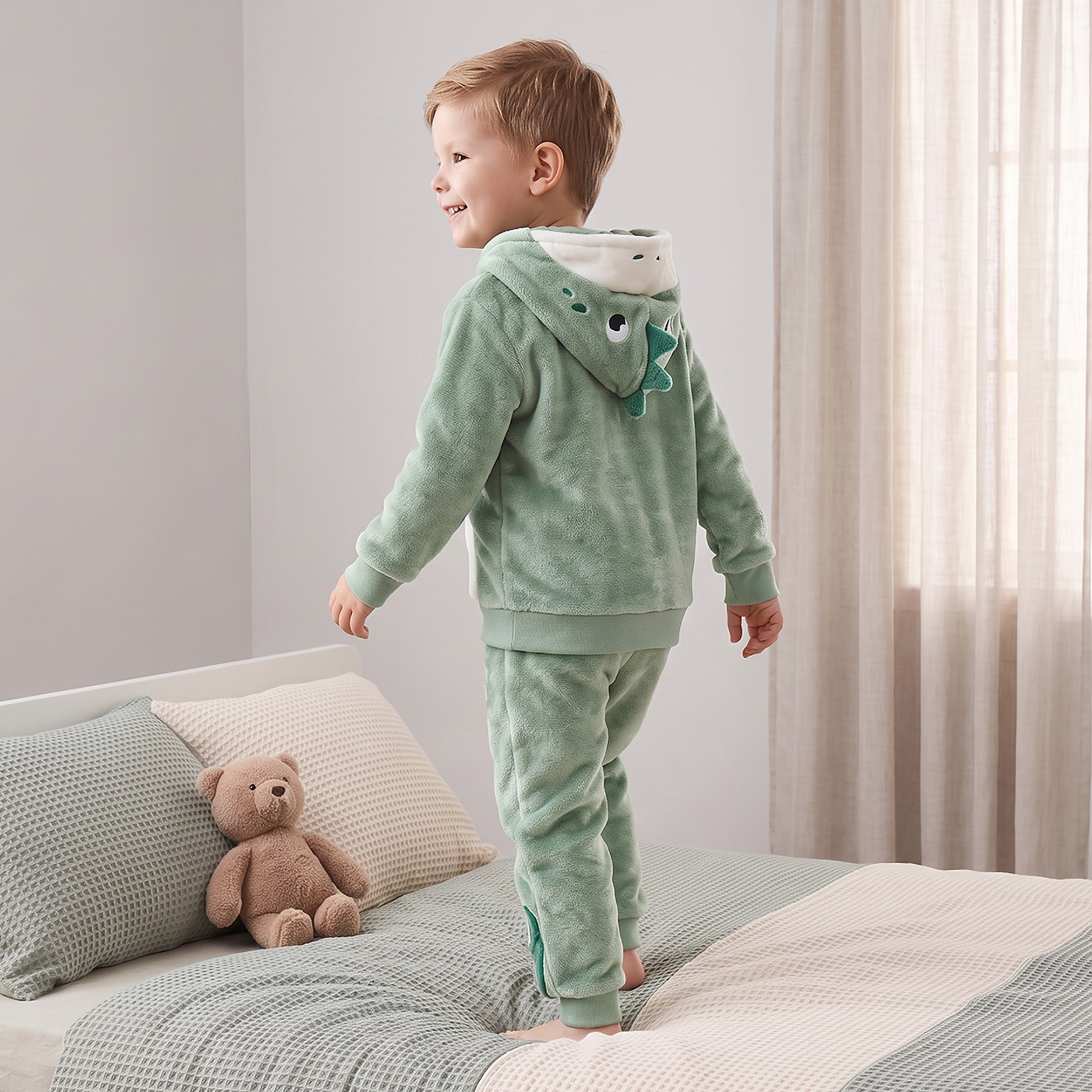 Juniors Hooded Neck Long Sleeves Pyjama Set with Dinosaur Embroidery-boys-clothing-nightwear-image-4