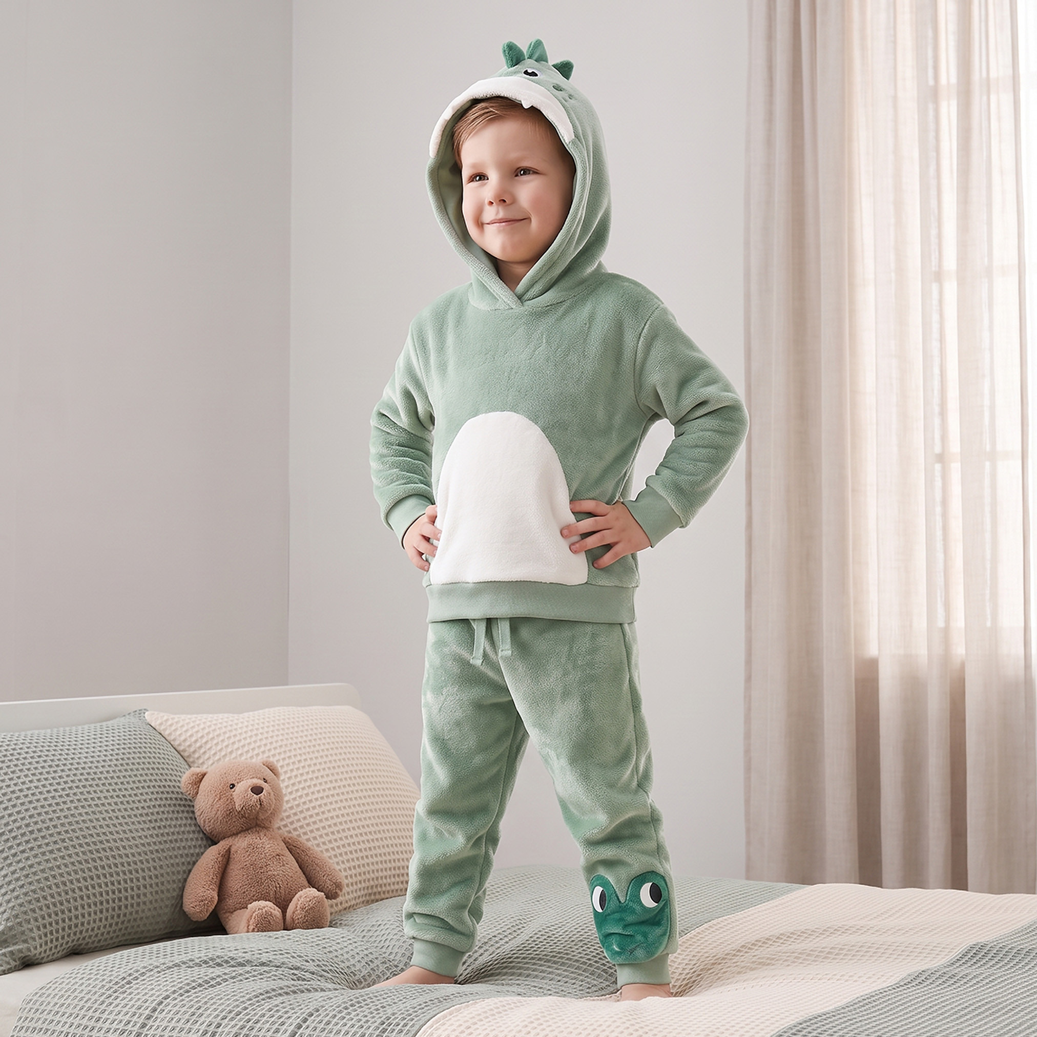 Juniors Hooded Neck Long Sleeves Pyjama Set with Dinosaur Embroidery-boys-clothing-nightwear-image-5