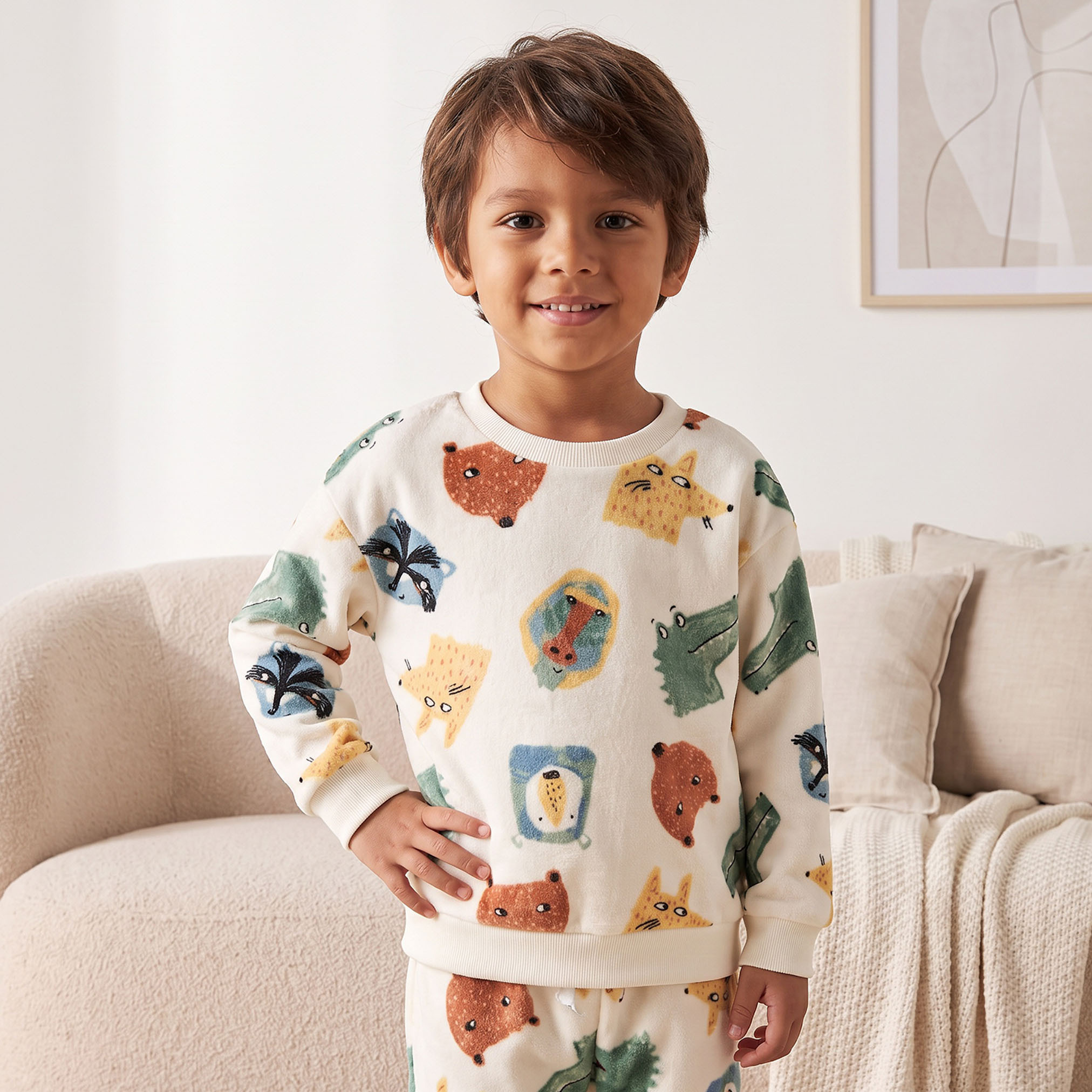 Juniors Cotton Crew Neck Long Sleeves Pyjama Set with Safari Print-boys-clothing-nightwear-image-2