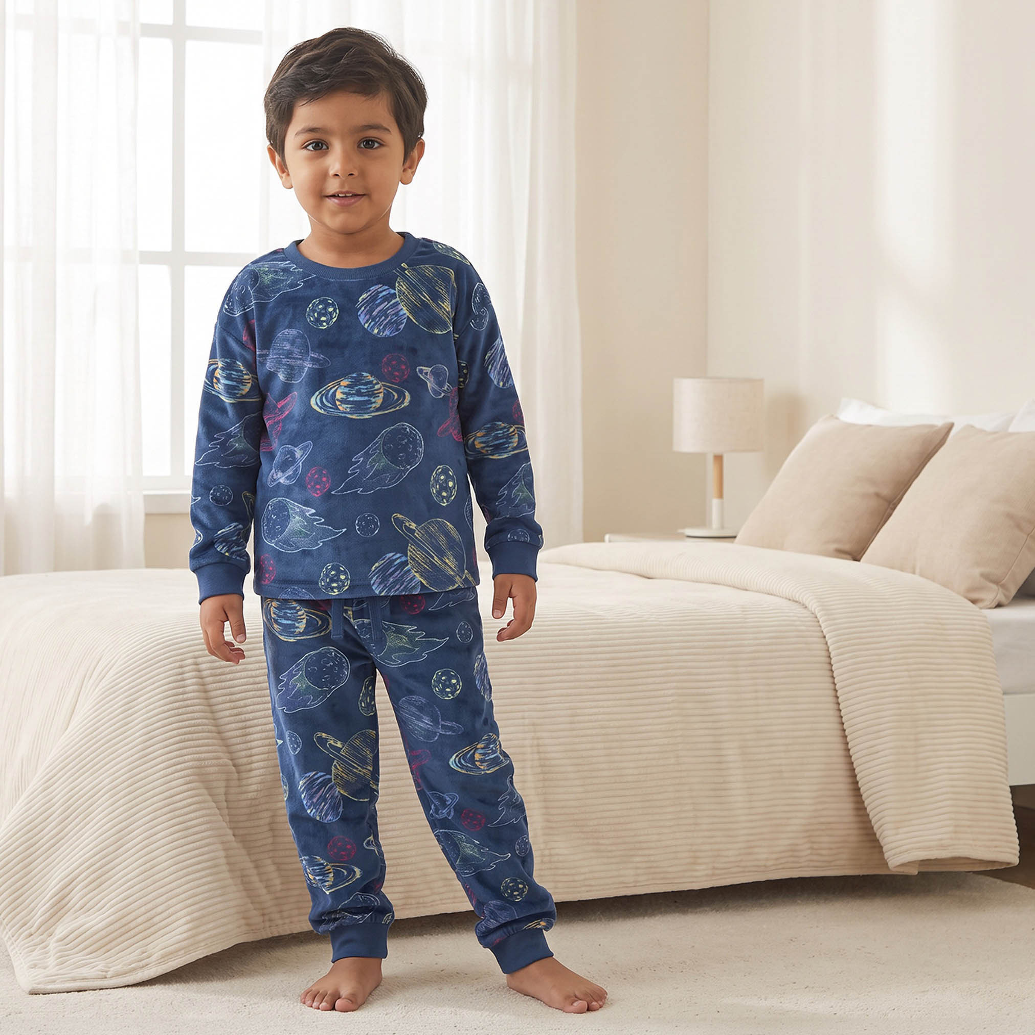 Juniors Cotton Crew Neck Long Sleeves Pyjama Set with Safari Print-boys-clothing-nightwear-image-1
