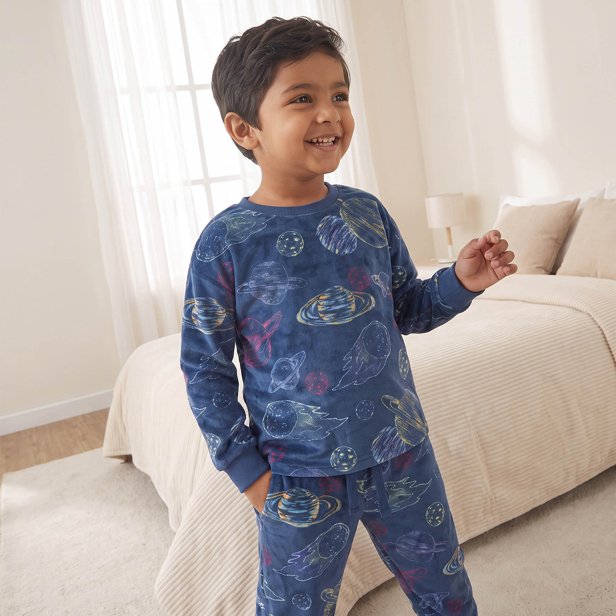 Juniors Cotton Crew Neck Long Sleeves Pyjama Set with Safari Print-boys-clothing-nightwear-image-2