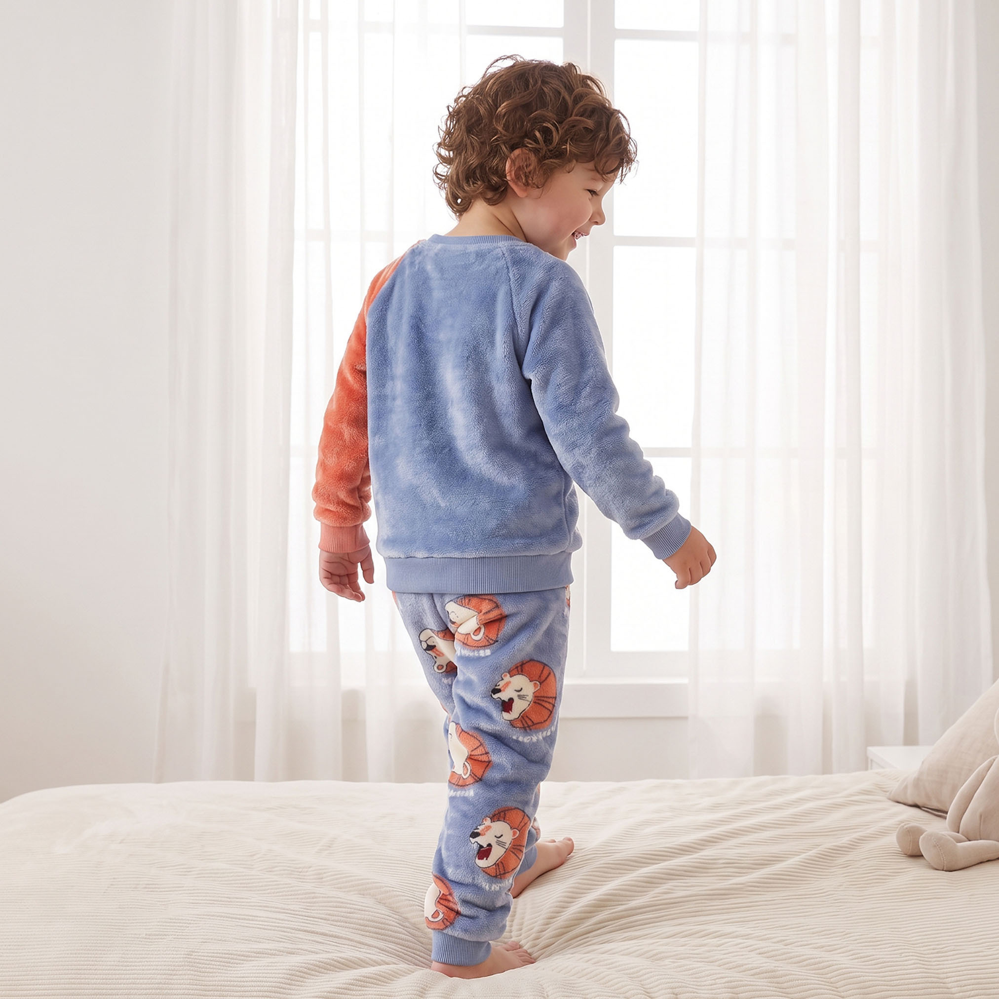 Juniors Crew Neck Long Sleeves Pyjama Set with Lion Print-boys-clothing-nightwear-image-5