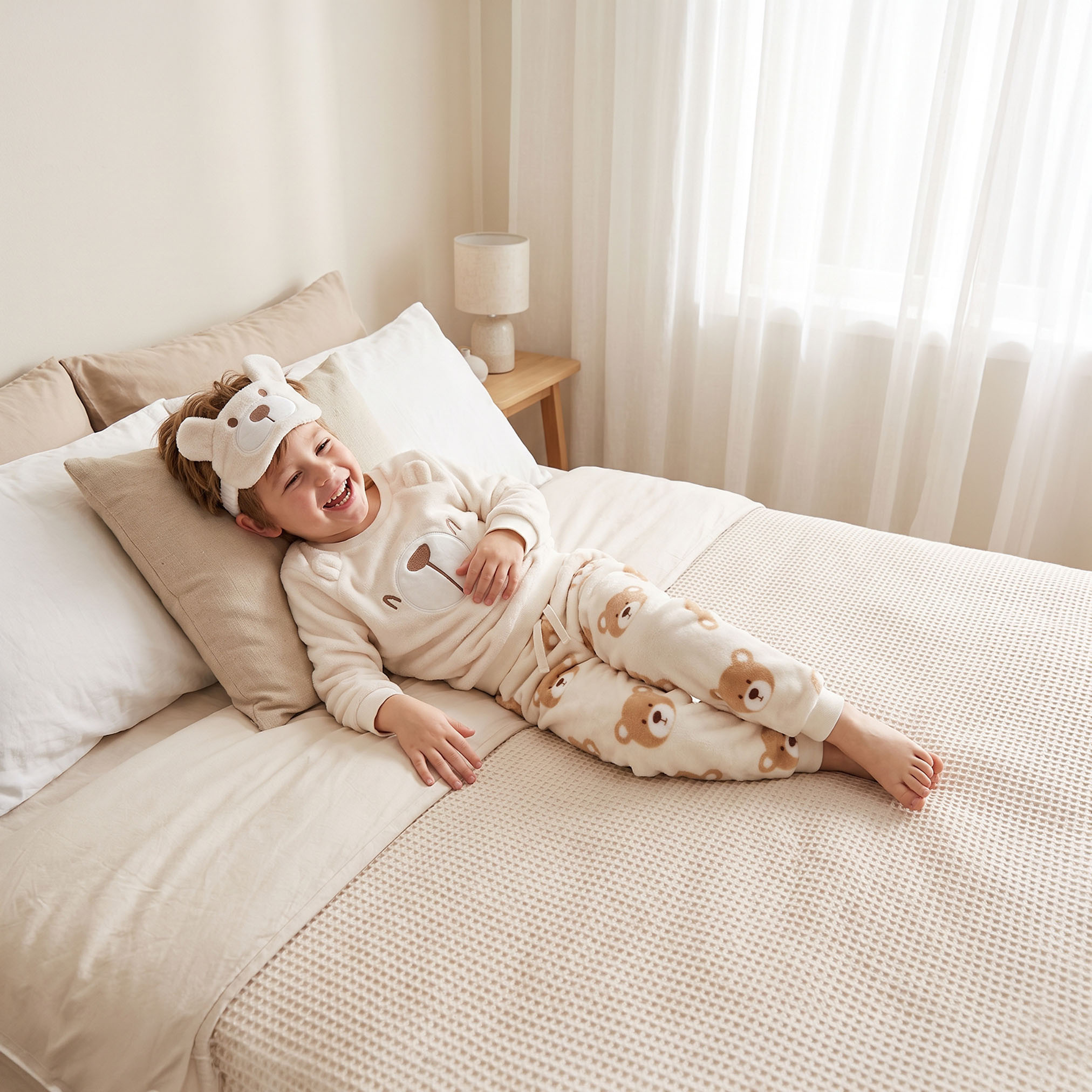 Juniors Crew Neck Long Sleeves Pyjama Set with Bear Print-boys-clothing-nightwear-image-1