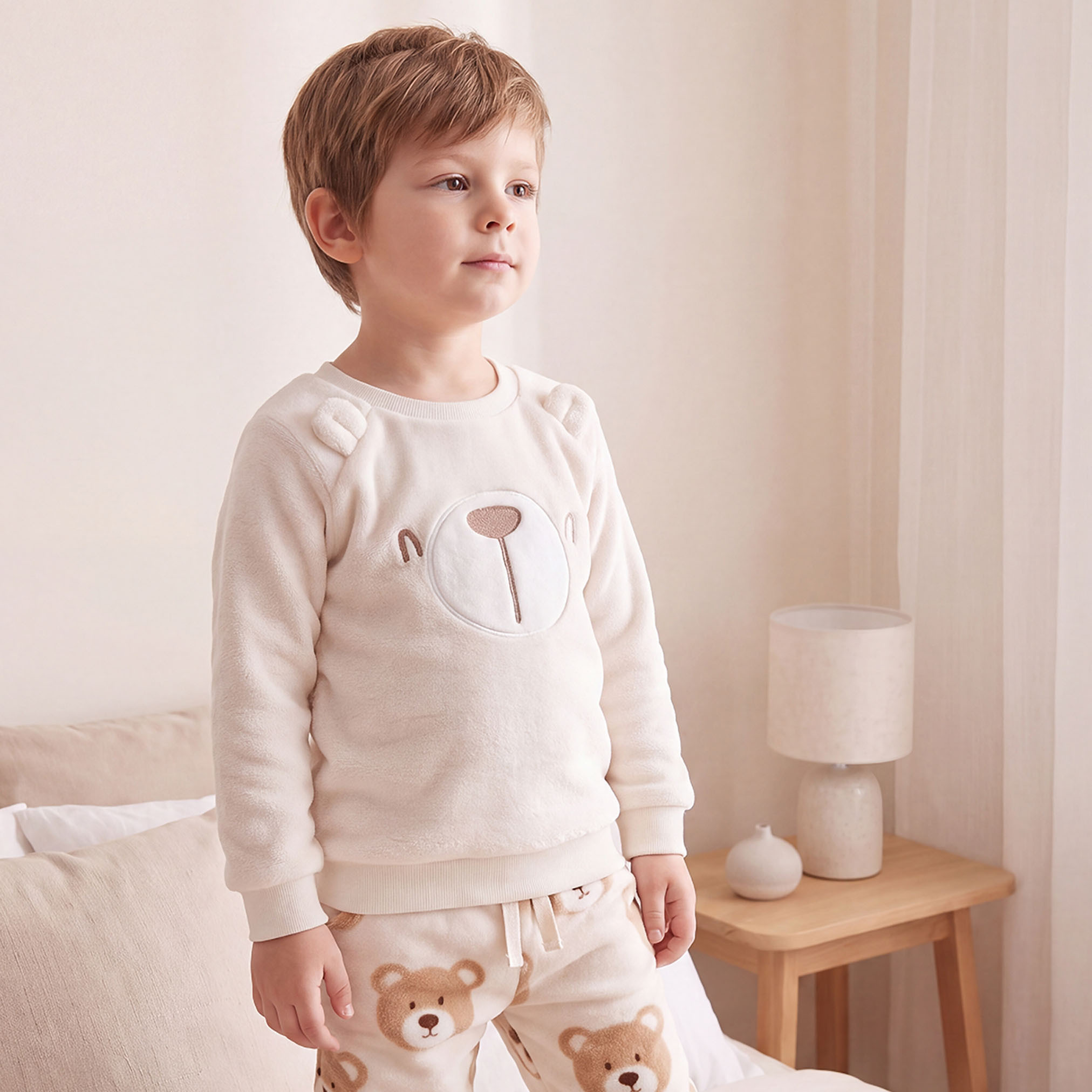 Juniors Crew Neck Long Sleeves Pyjama Set with Bear Print-boys-clothing-nightwear-image-2