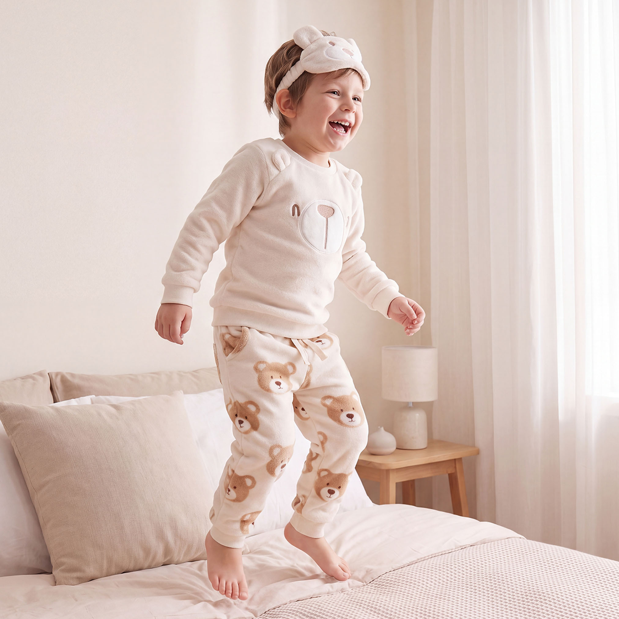 Juniors Crew Neck Long Sleeves Pyjama Set with Bear Print-boys-clothing-nightwear-image-5