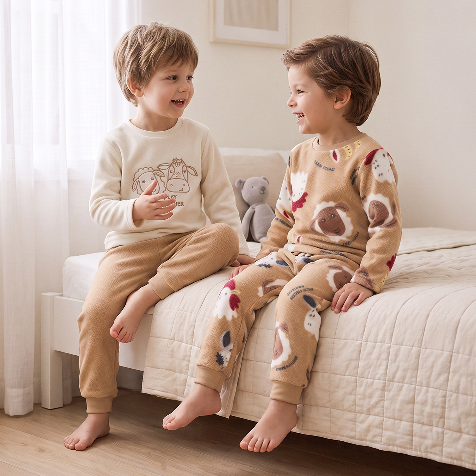 Juniors Crew Neck Long Sleeves Pyjama Set with Farm Animal Print-boys-clothing-nightwear-image-1