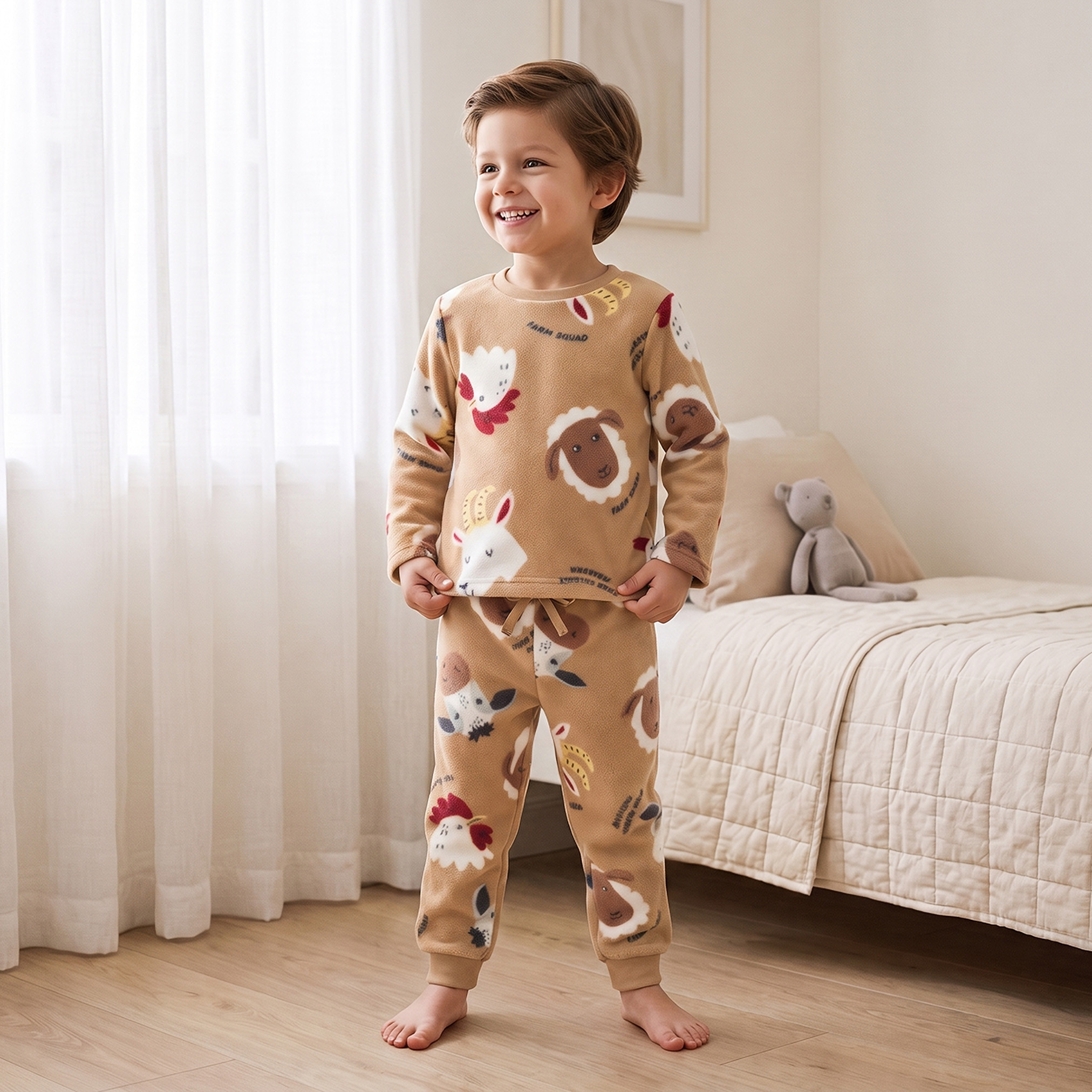 Juniors Crew Neck Long Sleeves Pyjama Set with Farm Animal Print-boys-clothing-nightwear-image-2
