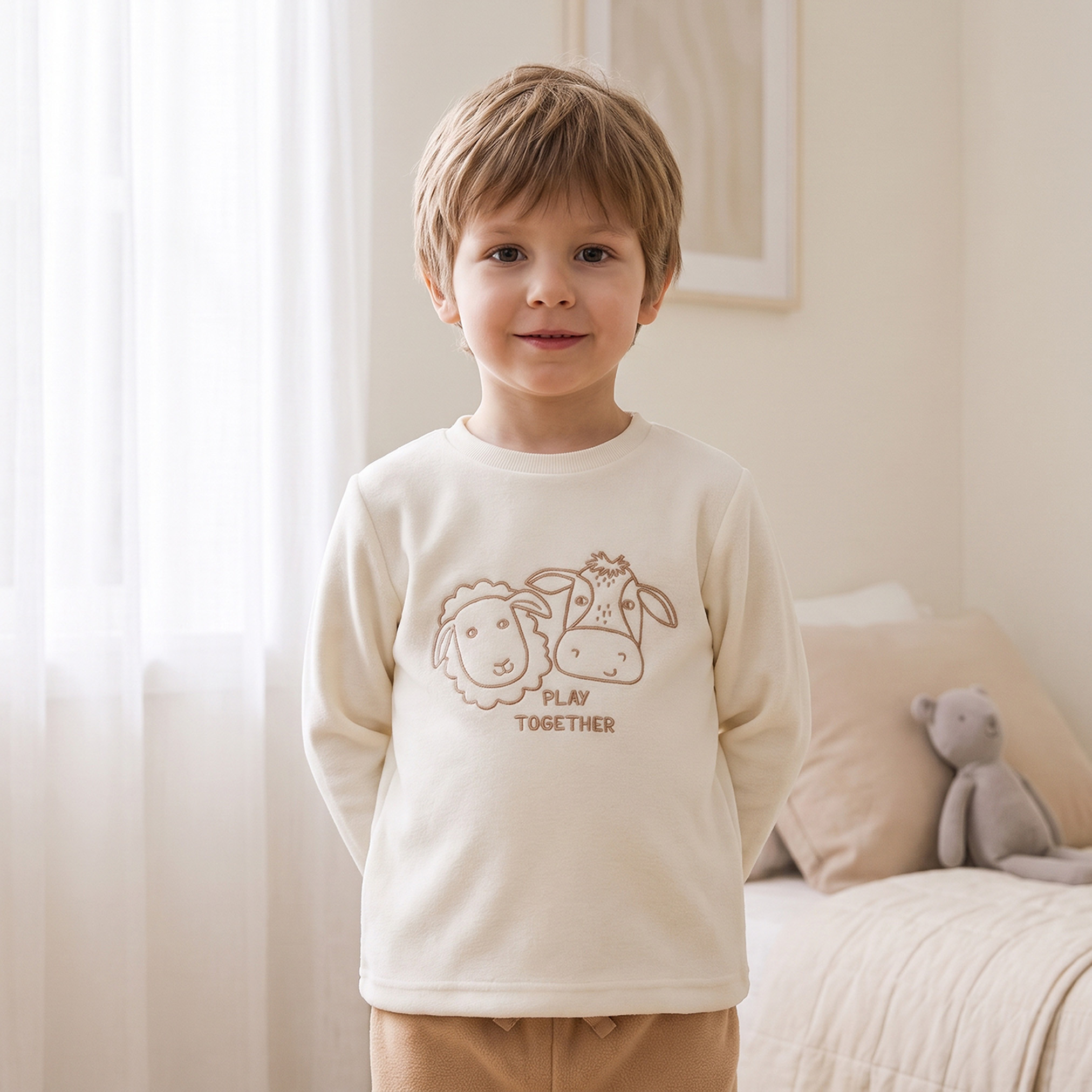 Juniors Crew Neck Long Sleeves Pyjama Set with Farm Animal Print-boys-clothing-nightwear-image-4