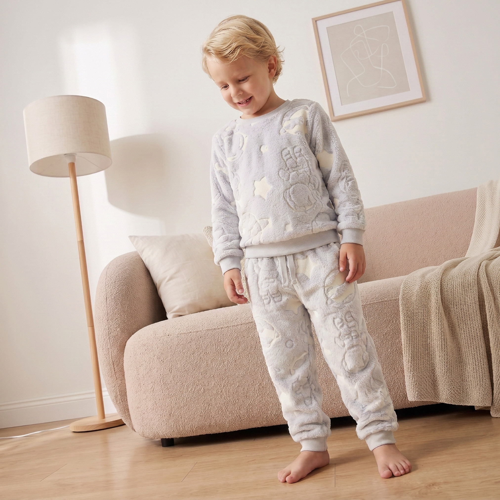 طقم بيجاما قطن بياقة مستديرة وأكمام طويلة بتصميم بارز الملمس من جونيورز-boys-clothing-nightwear-image-1