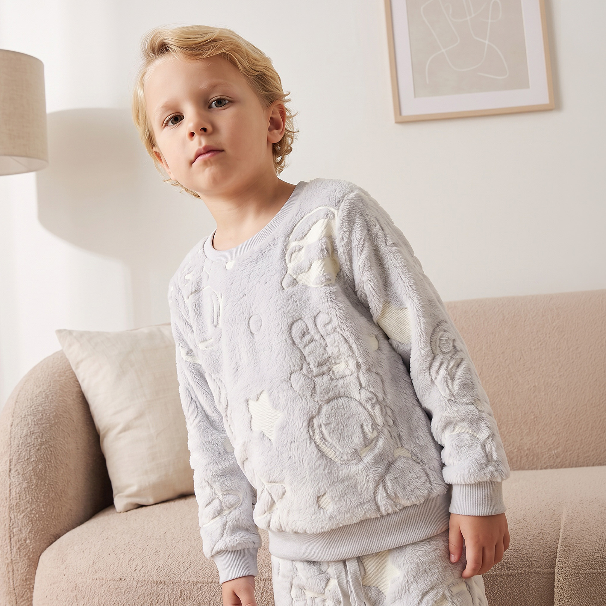 طقم بيجاما قطن بياقة مستديرة وأكمام طويلة بتصميم بارز الملمس من جونيورز-boys-clothing-nightwear-image-2