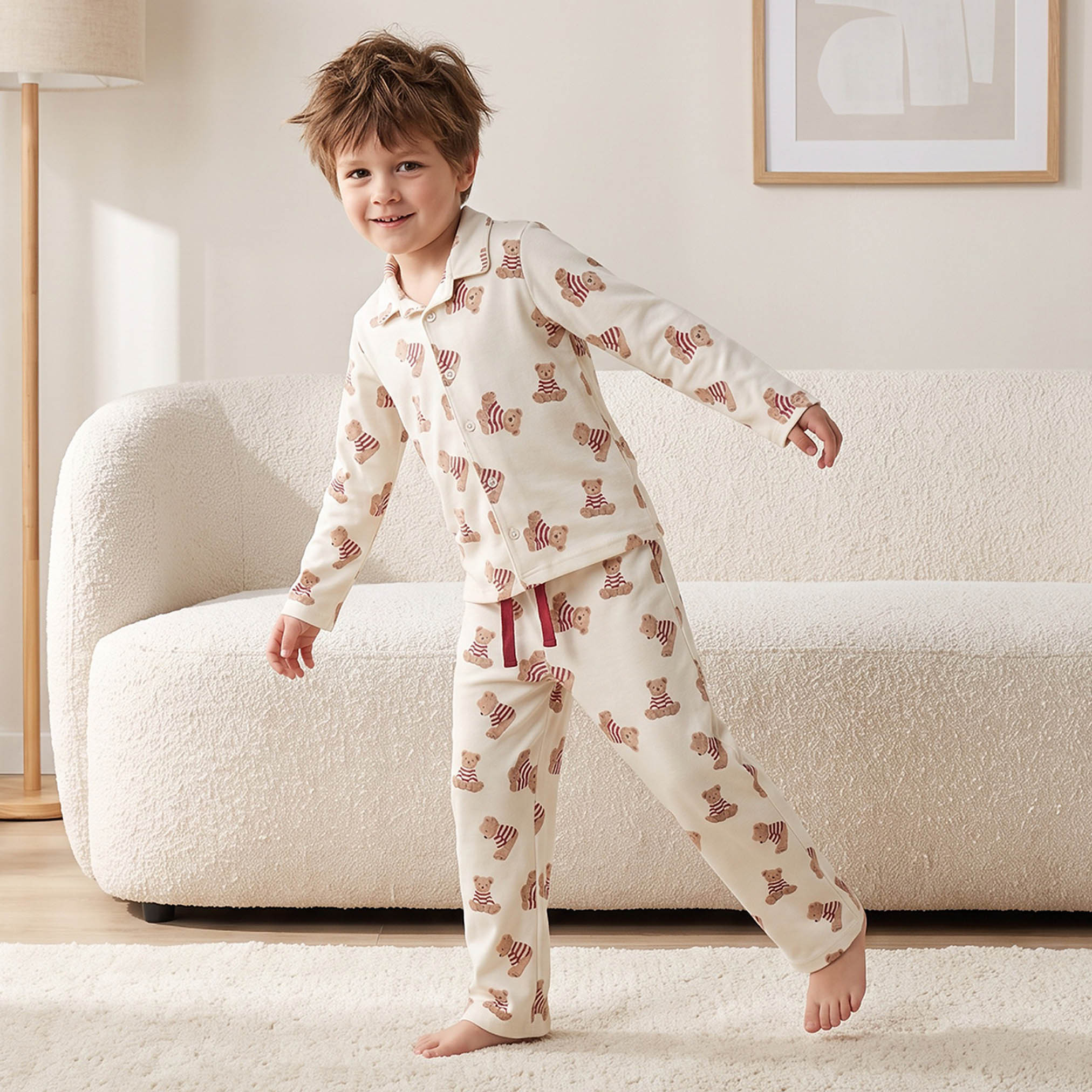 طقم بيجاما قطن بياقة وأكمام طويلة وطبعات دب من جونيورز-boys-clothing-nightwear-image-1