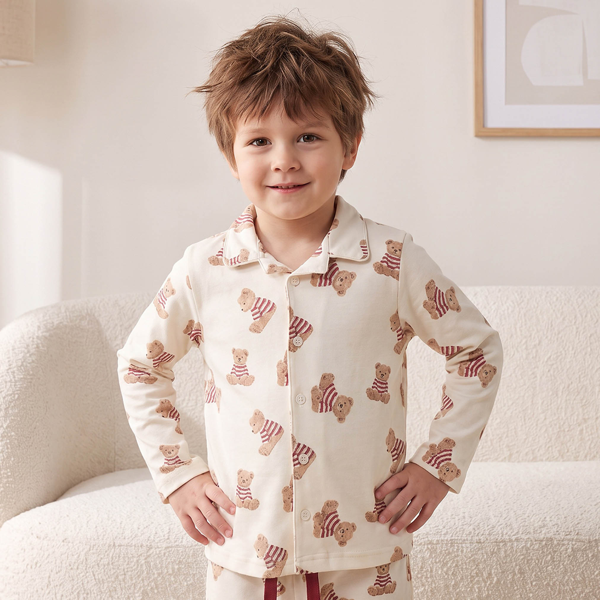 طقم بيجاما قطن بياقة وأكمام طويلة وطبعات دب من جونيورز-boys-clothing-nightwear-image-3
