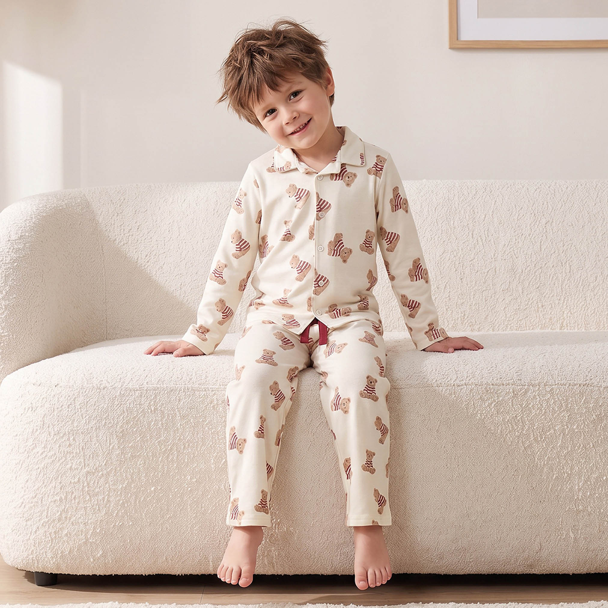 طقم بيجاما قطن بياقة وأكمام طويلة وطبعات دب من جونيورز-boys-clothing-nightwear-image-6