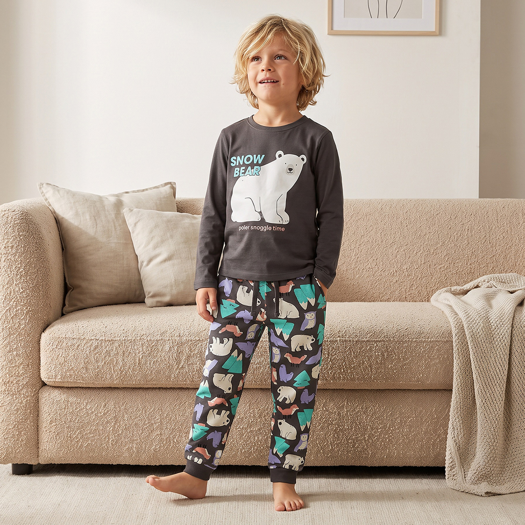 Juniors Cotton Crew Neck Long Sleeves Pyjama Set with Snow Bear Print-boys-clothing-nightwear-image-1