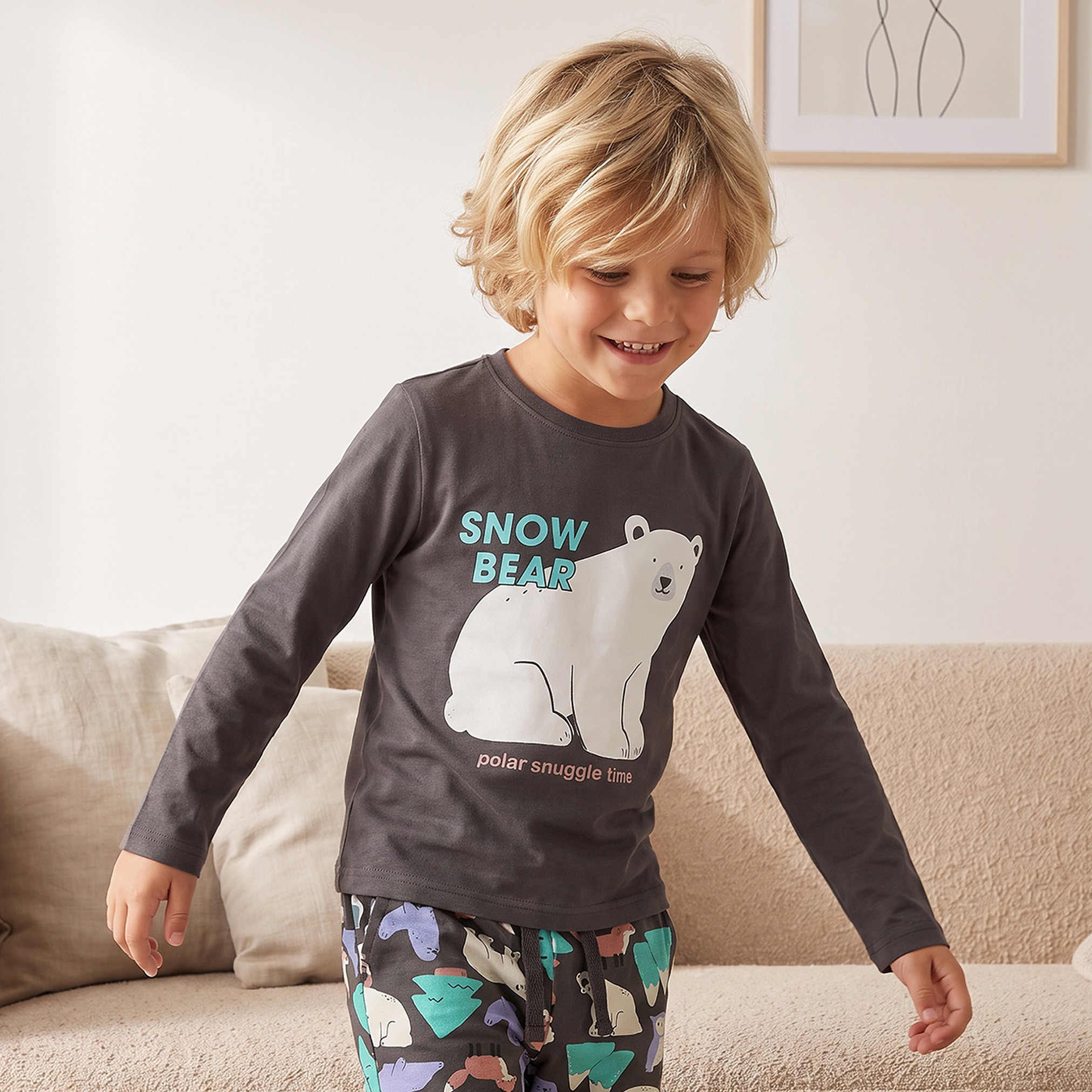 Juniors Cotton Crew Neck Long Sleeves Pyjama Set with Snow Bear Print-boys-clothing-nightwear-image-2