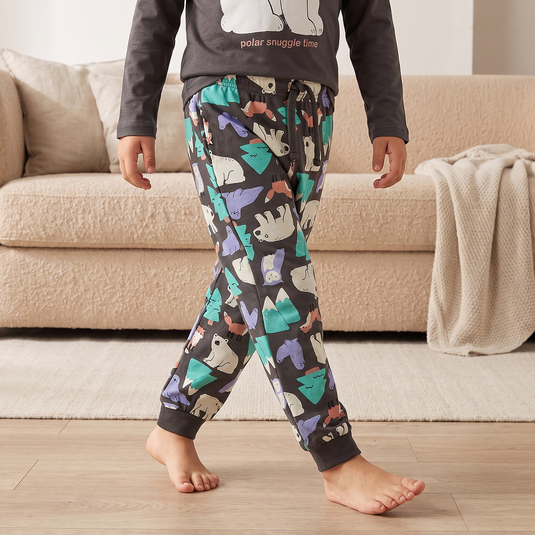 Juniors Cotton Crew Neck Long Sleeves Pyjama Set with Snow Bear Print-boys-clothing-nightwear-image-3