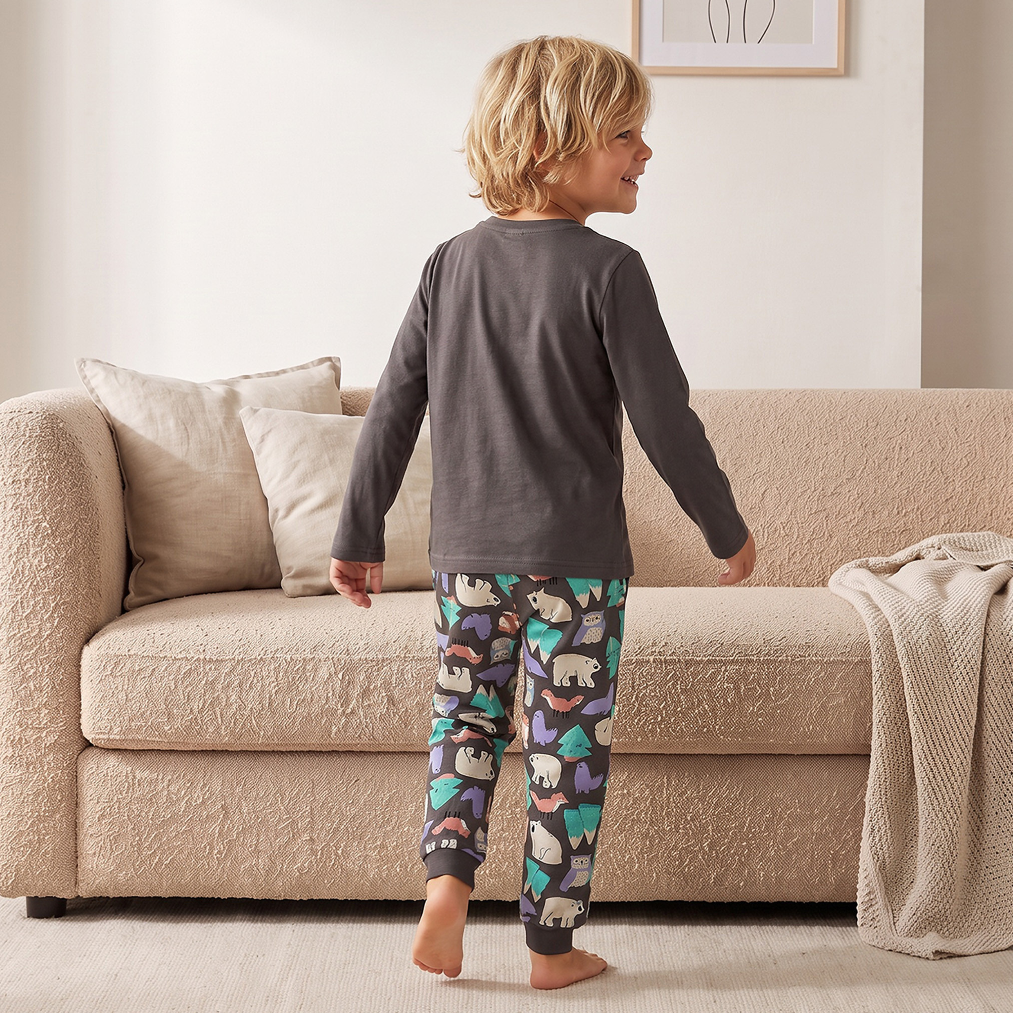 Juniors Cotton Crew Neck Long Sleeves Pyjama Set with Snow Bear Print-boys-clothing-nightwear-image-4