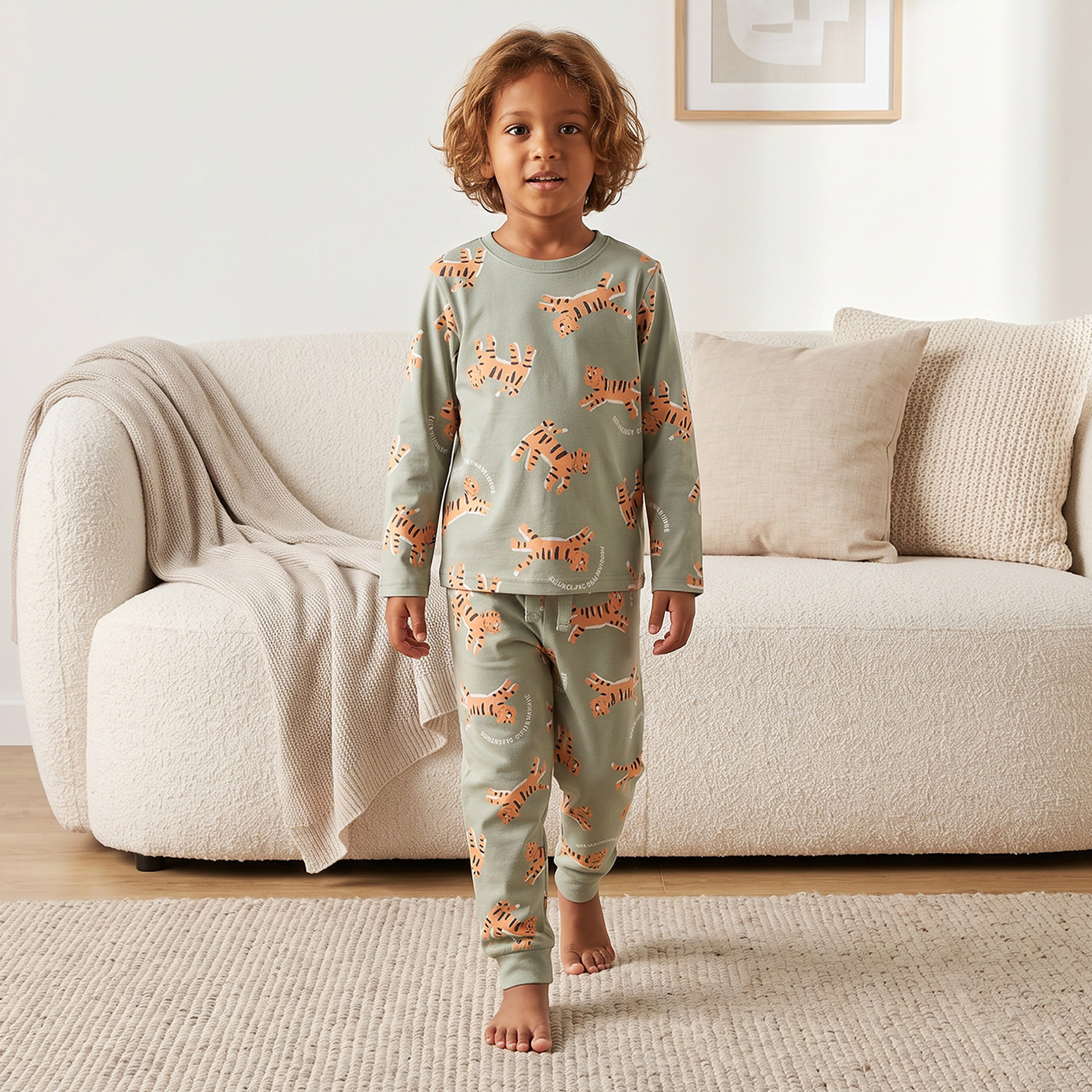 Juniors Cotton Crew Neck Long Sleeves Pyjama Set with Tiger Print-boys-clothing-nightwear-image-1