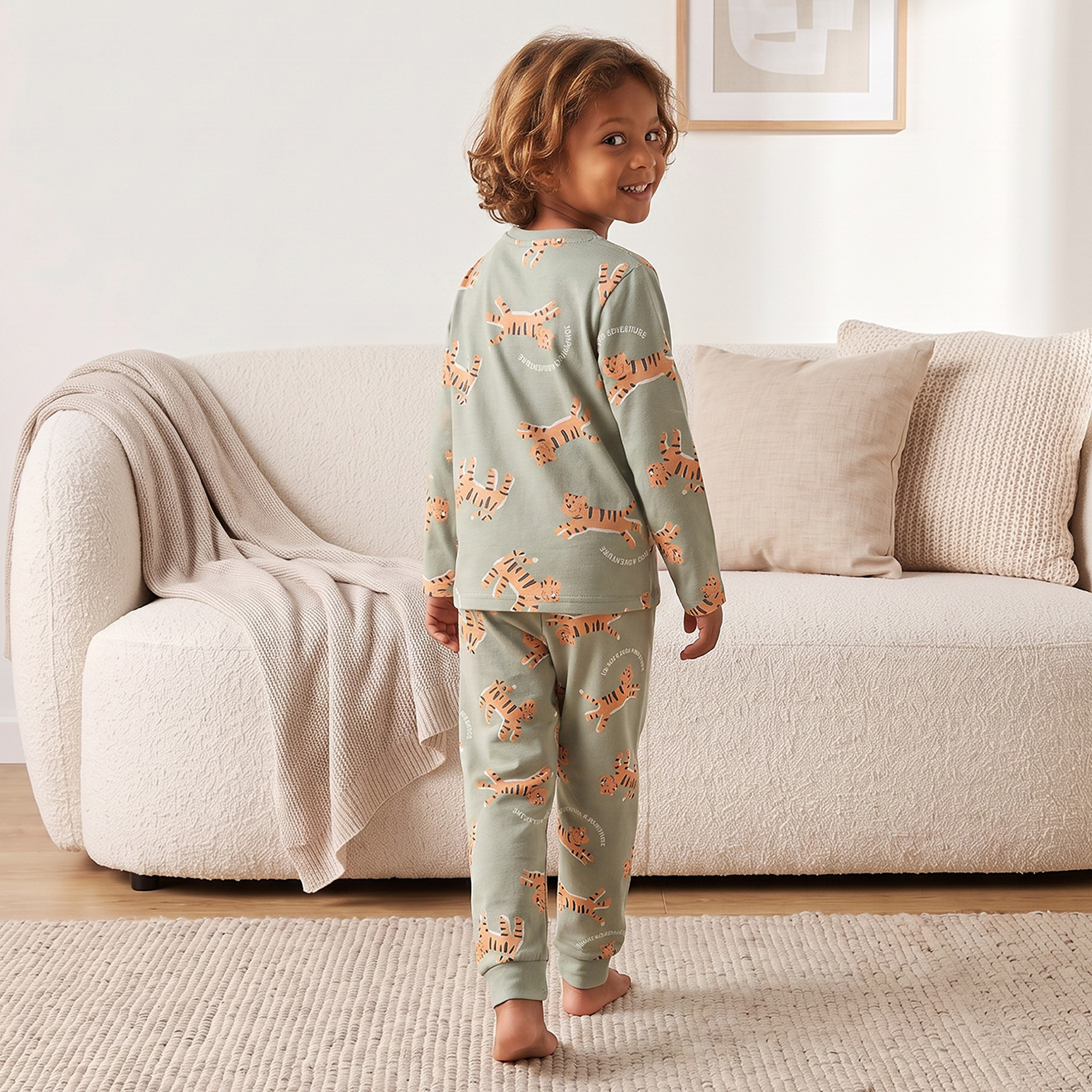 Juniors Cotton Crew Neck Long Sleeves Pyjama Set with Tiger Print-boys-clothing-nightwear-image-4