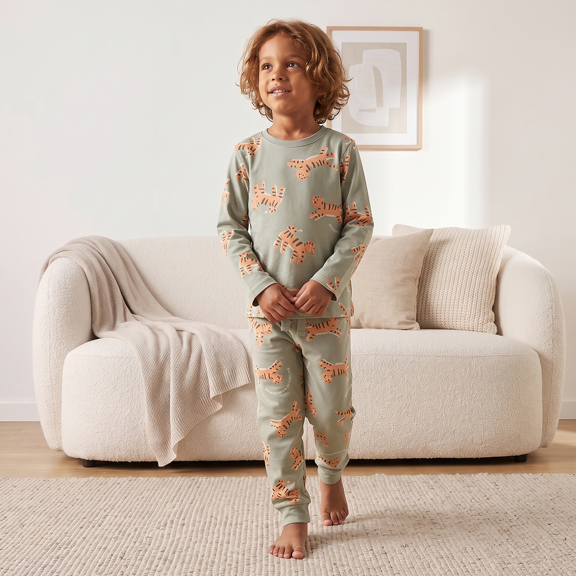 Juniors Cotton Crew Neck Long Sleeves Pyjama Set with Tiger Print-boys-clothing-nightwear-image-7