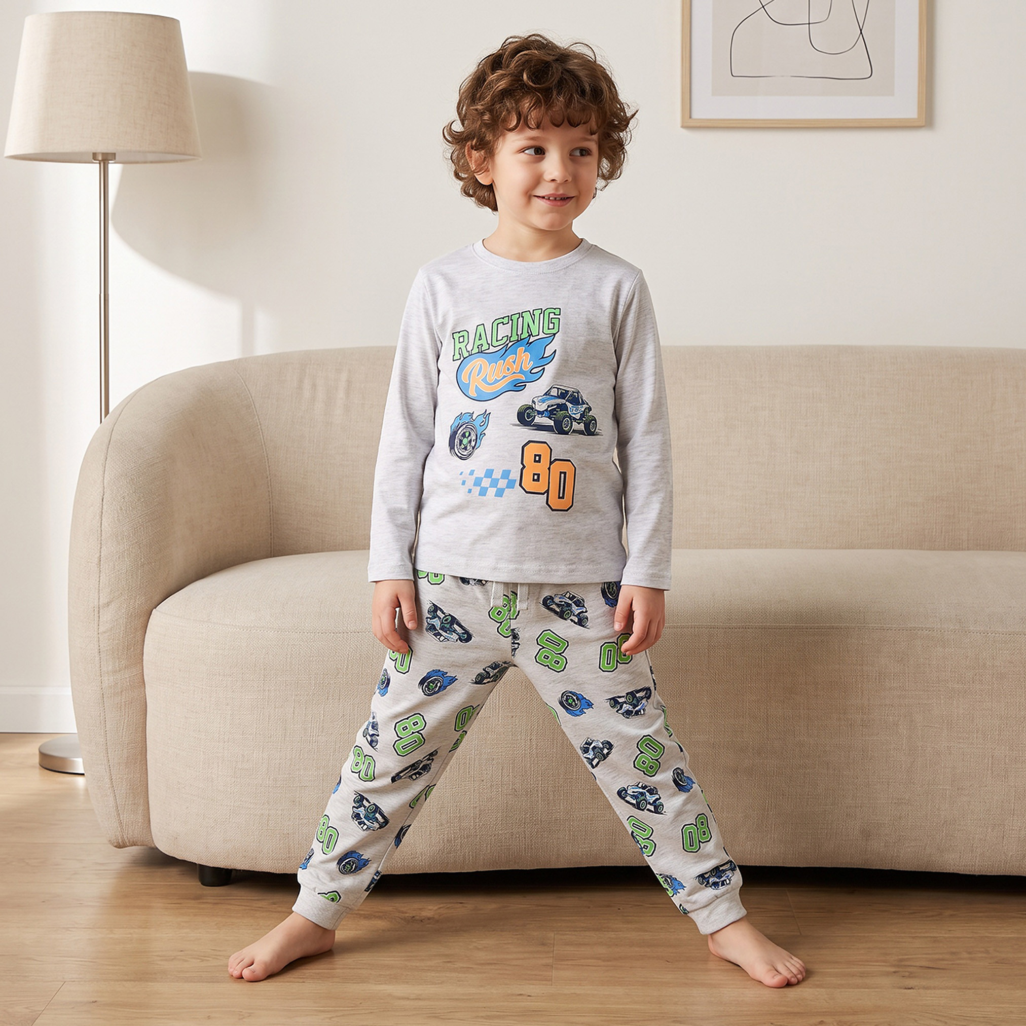 Juniors Cotton Long Sleeves Pyjama Set with Racing Car Print-boys-clothing-nightwear-image-1