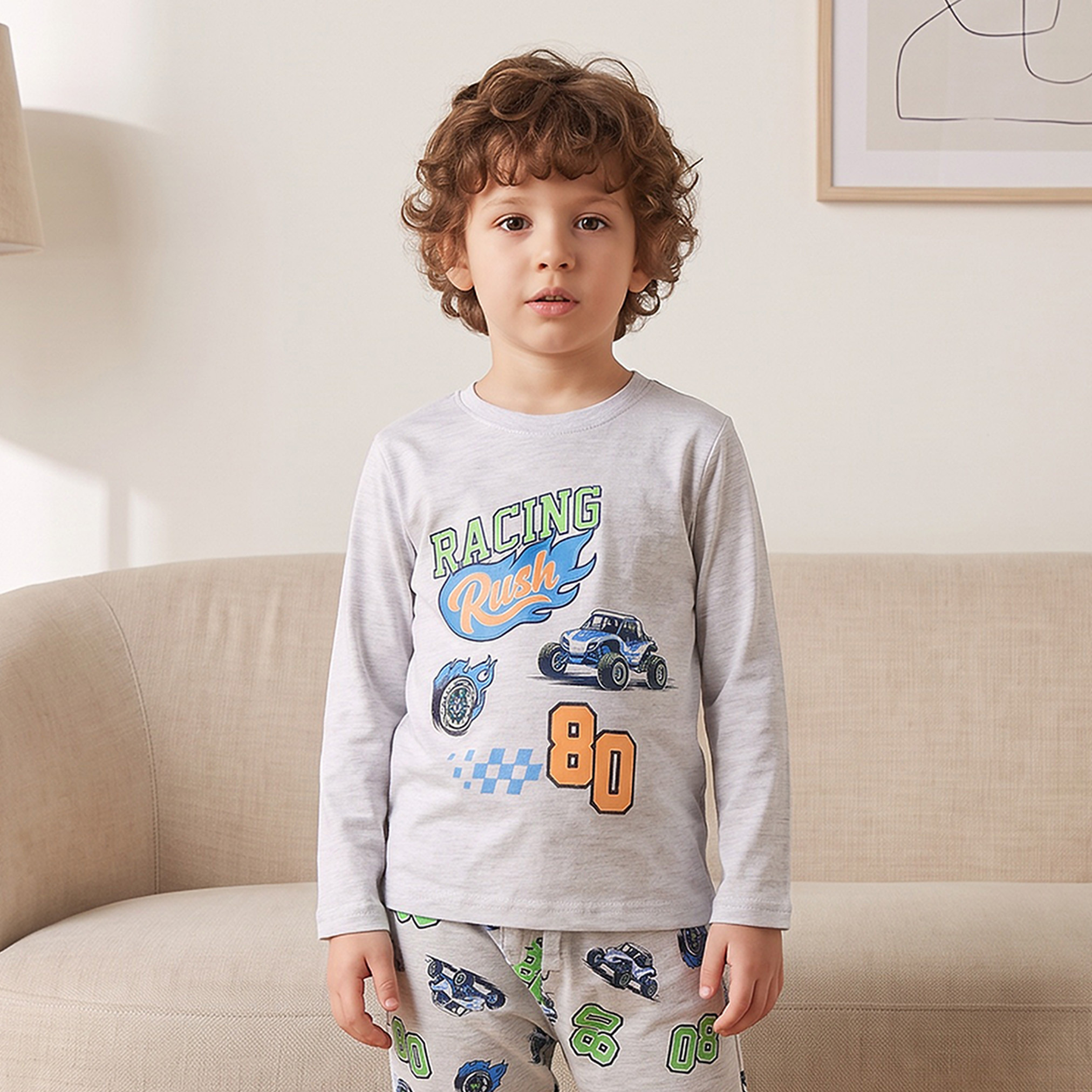 Juniors Cotton Long Sleeves Pyjama Set with Racing Car Print-boys-clothing-nightwear-image-2