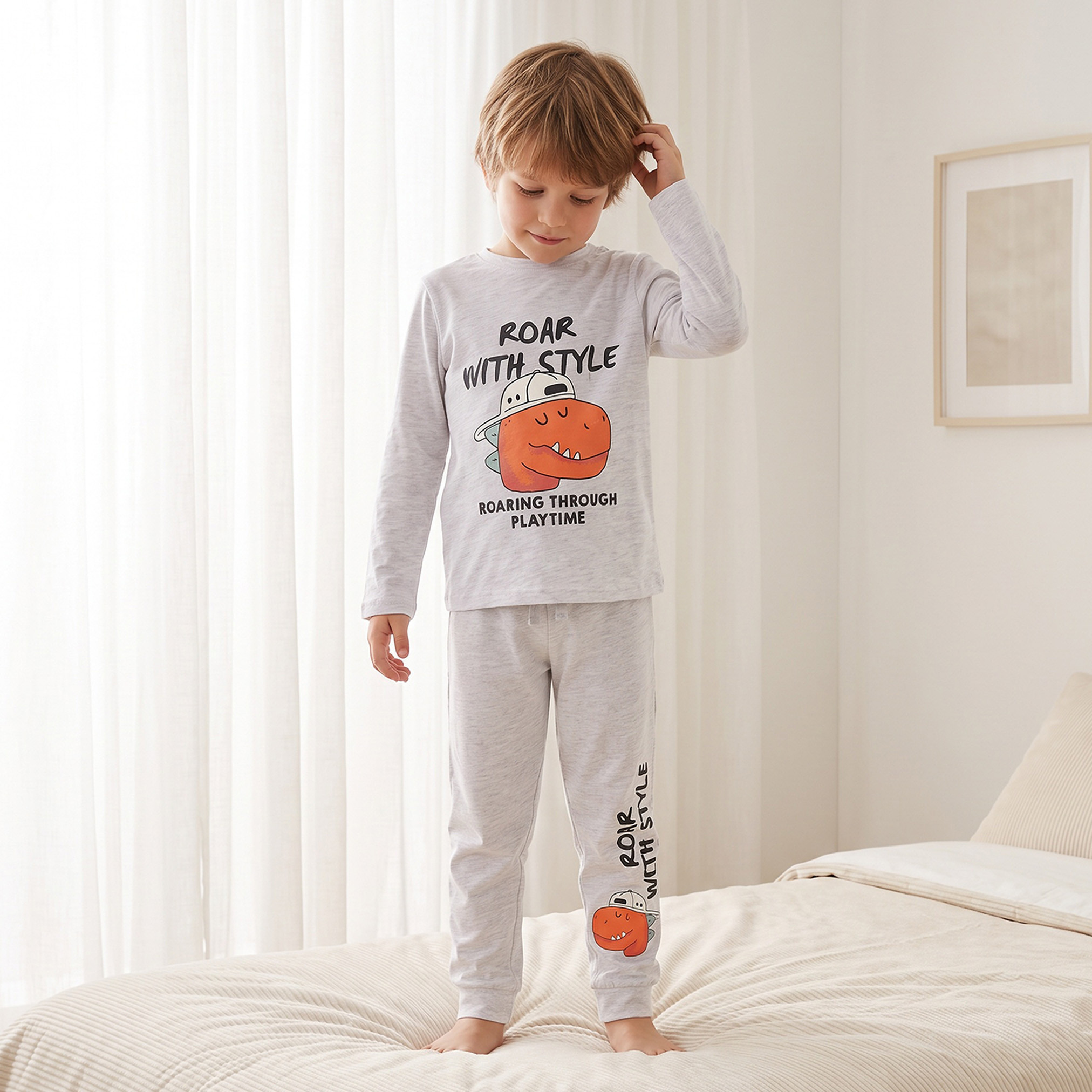 طقم بيجاما قطن بياقة ضيقة وأكمام طويلة بطبعات من جونيورز-baby-boys-clothing-nightwear-pyjamasets-image-1
