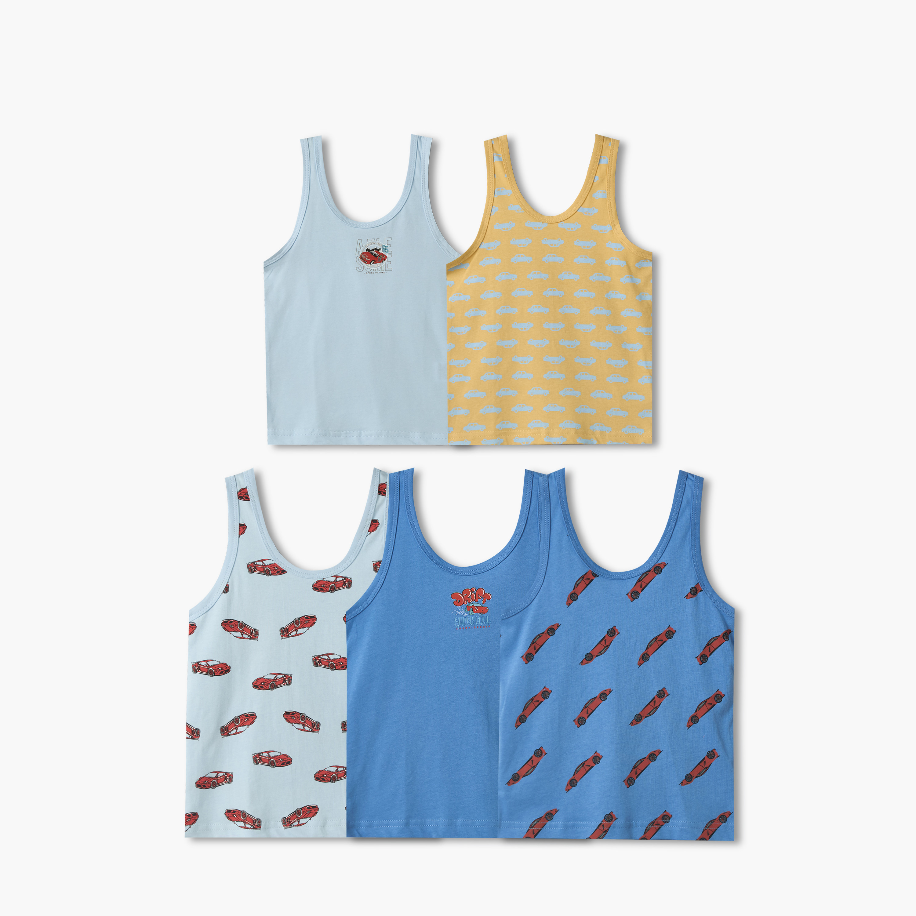 Pack of 5 Juniors Cotton Round Neck Vest with Racing Car Print-baby-boys-clothing-innerwear-image-1